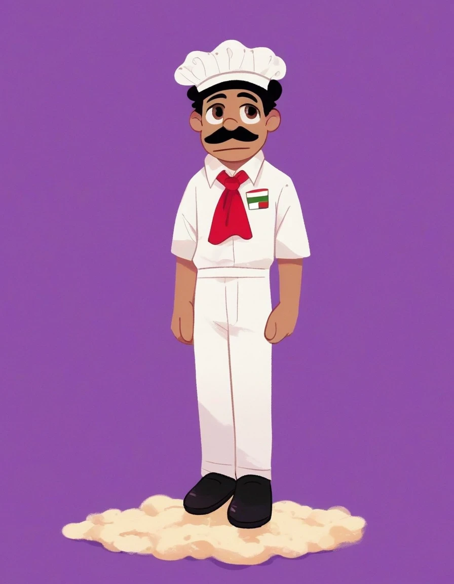 chef_pee_pee, solo, simple background, black hair, 1boy, hat, brown eyes, full body, male focus, purple background, black mustache, chef hat, chef, chef shirt with "chef pee pee" on it, normal white chef hat, red neckerchief, white pants, black shoes,