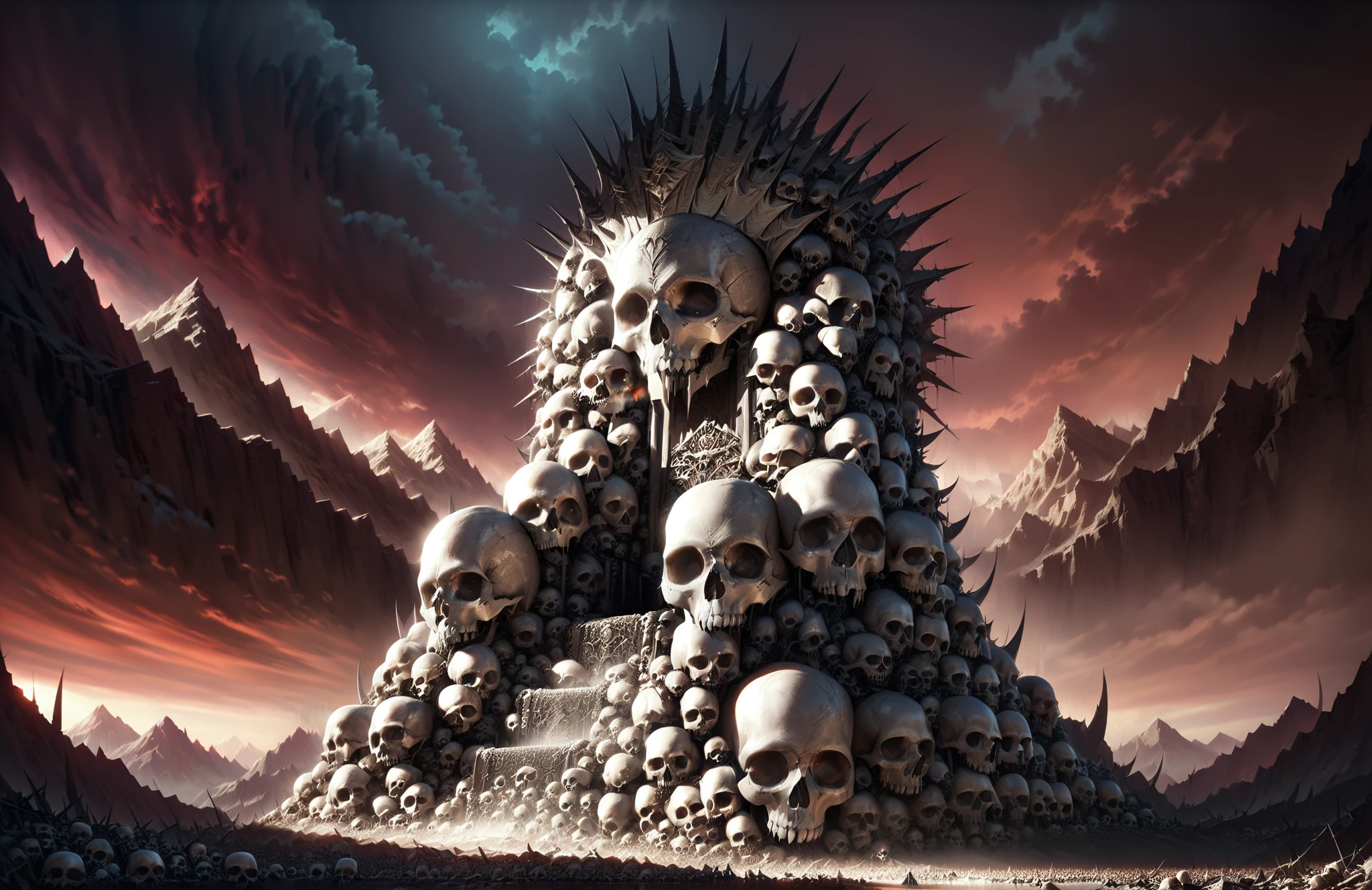 <lora:Skulls for the Skull Throne:1>,Skulls for the Skull Throne,(There is a huge throne on a mountain made of countless skulls.:1.5),a dim sunset behind,spikes and thorns,mountain top,wasteland,(long shot:1,wide shot:1),RAW photo,best quality,(realistic, photo-realistic:1.3),masterpiece,extremely detailed,an eerie atmosphere,<lora:add-detail-xl:1>,<lora:great_lighting:0.75>,