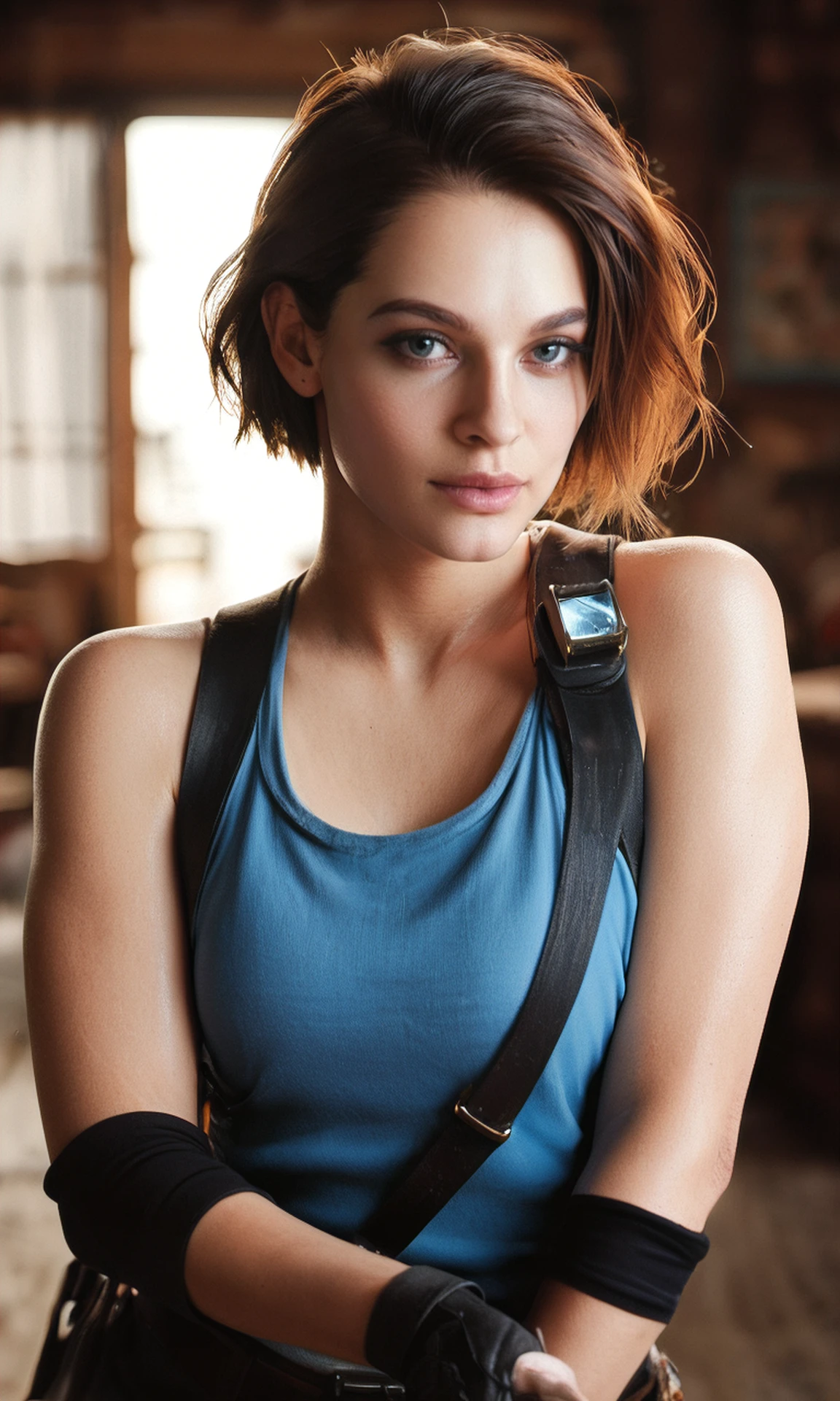score_9, score_8_up, score_7_up, BREAK, zy_jillvalentine, 1girl, short hair, brown hair, jewelry, black gloves, blue tanktop, handgun, fingerless gloves, portrait, realistic, photo, real hair, detailed skin, ghost town, highly detailed, detailed skin, depth of field, film grain, <lora:zy_Jill_Valentine_PonyRealism_v1:0.7>