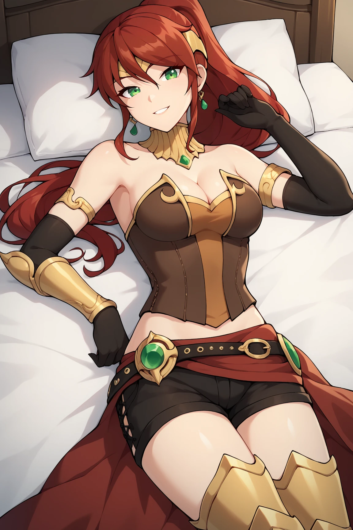 score_9, score_8_up, score_7_up, score_6_up, BREAK, PyrrhaNikosXL, green eyes, red hair, long hair, ponytail, hair between eyes, forehead protector, medium breasts, bare shoulder, gold gorget, cleavage, brown corset, gold armlet, black elbow gloves, single vambrace, black belt, black shorts, red skirt, leg armor, solo, lying on bed, seductive smile, looking at viewer, indoors <lora:PyrrhaNikosXL:0.8>