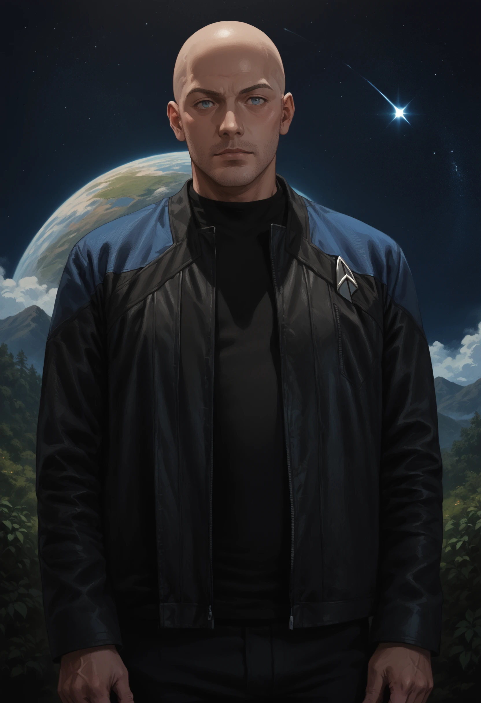 core_9, score_8_up, score_7_up ,score_6_up, man,scenery,dark skin,bald,space station interrior,
pcdjck,Star trek jacket,blue shoulders,black shirt
,<lora:PicardJacketPony>