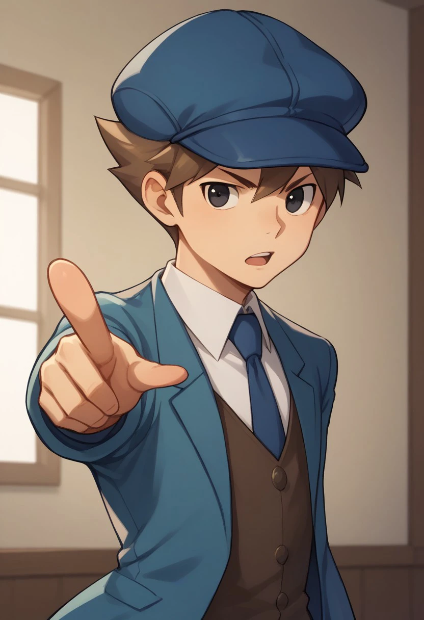 score_9, score_8_up, score_7_up, source_anime, highly detailed,
clive, solo, male focus, 1boy, hat, brown hair, upper body, pointing at viewer, open mouth, necktie, black eyes, blue headwear,
blue necktie, jacket, vest, 
indoor, forniture,