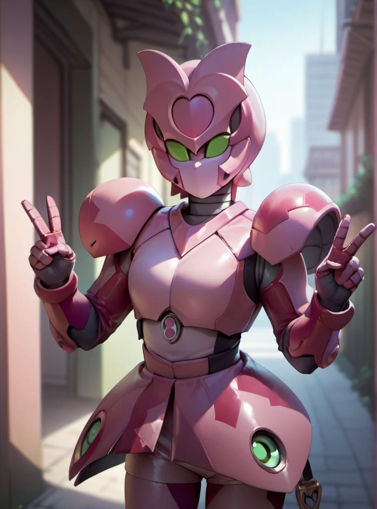 score_9, score_8_up, score_7_up, score_6_up, score_5_up, score_4_up score_9,score_8_up, 1girl, magine, green eyes, pink armor, robot, helmet, no lips, city, peace sign, shexyo, anime,