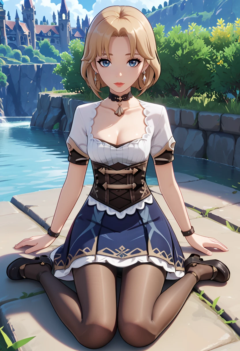 score_9, score_8_up, score_7_up, score_6_up, score_5_up, 1girl, <lora:Genshin_Mondstadt_Girls:0.9> MondstadtGirls, source genshin impact, blue dress, cleavage, choker, corset, pantyhose, mary janes, white skin, blonde hair, bob haircut, parted bangs, blue eyes, earrings, sexy, female focus, fantasy, expressive, skindentation, skinny, 1female, masterpiece, 32K HD, beautiful attention to detail, detailed eyes, shiny skin, showing lots of skin, wide lens, perfect hands, perfect eyes, ((2d)), anime, source anime, flat shadows, flat colors, looking at viewer, zPDXL2, zPDXLxxx, sitting, clothed female, uncensored , full body, outdoors