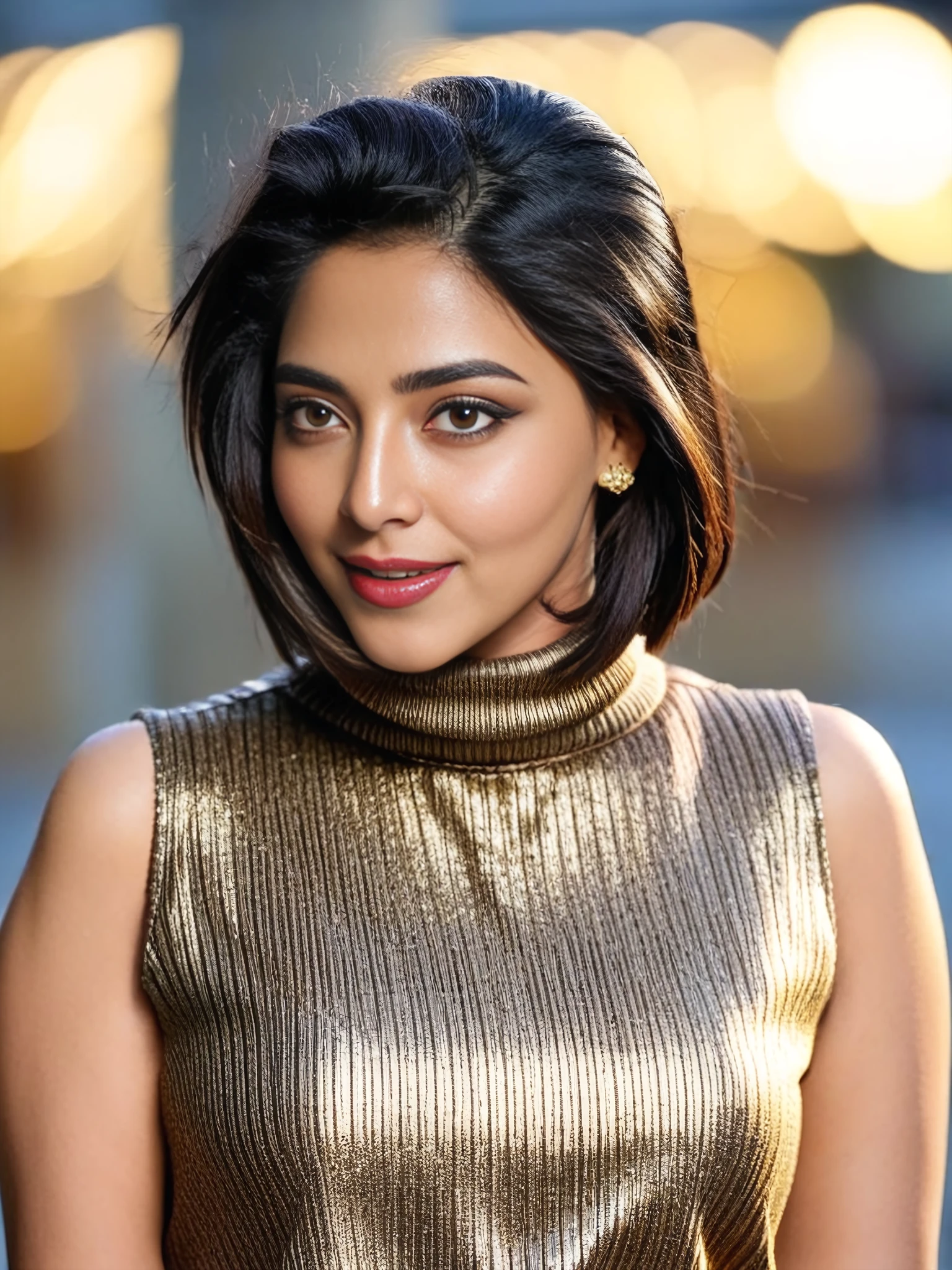 full body photo of Aishwarya Lekshmi woman, solo,  hair cut, , looking at the camera,  Gold sleeveless turtleneck, , contrasting background bokeh,   <lora:Aishwarya_Lekshmi_SDXL_LoRA_prodigy_local_xformers_HNE:1>