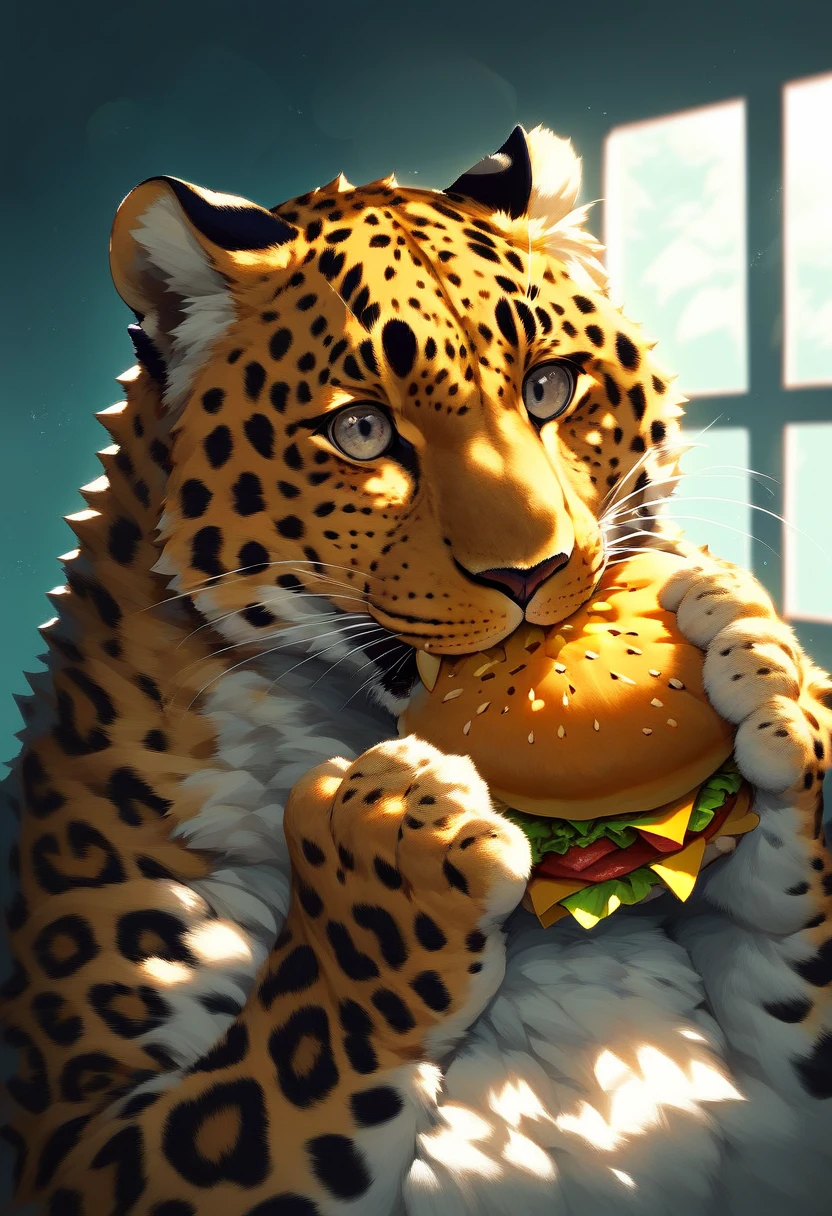 score_9, score_8_up, score_7_up, kemono, feral, solo, (leopard:1.4), amurleopard, happy, eating burger, steam, window, dappled sunlight, bokeh, silver eyes, round pupils, black nose, best quality, best aesthetic, masterpiece, amazing quality, absurdres, <lora:amurleopard_pony_3.5-000013:1.1>