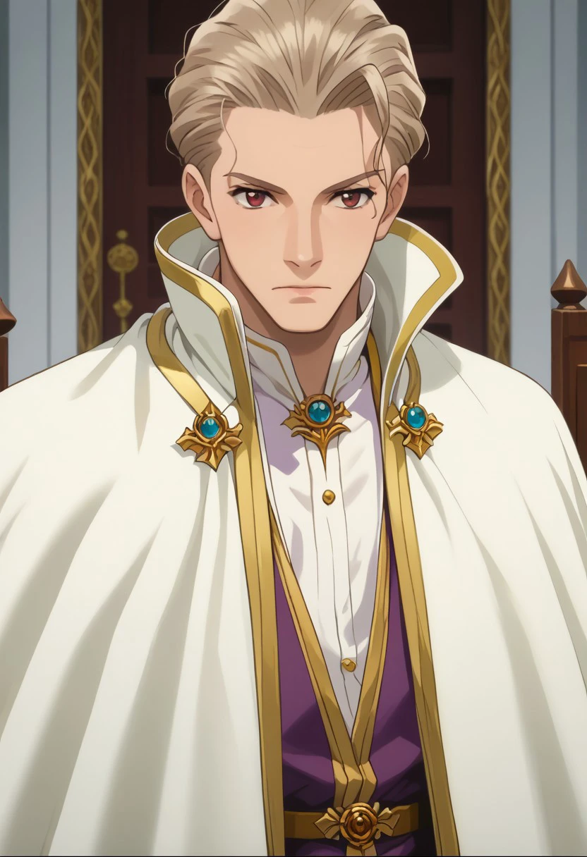 score_9, score_8_up, score_7_up, source_anime, rating_safe, hair slicked back, Benook, 1boy, male focus, anime screencap, collared white-gold cape, purple robe