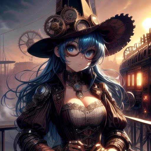 Cowboy shot photo, Cogs and gears, steam punk, Victorian fantasy,,colorful, vibrant, 1girl, long voluminous hair, beautiful blue eyes, goggles on forehead, curious expression, (riding in a sky ship:.7), smog covered sun, rising steam effects, masterpiece, best quality, ultra detailed, absurdres, 8k uhd, warm soft lighting