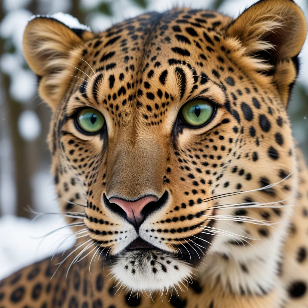 (Portra 400_3D_anamorphic_Cinematic_Style_Trompeloeil_Style1 Vibrant_Shot_of1| Amur Leopard's face macro close-up with piercing green eyes and dense rosetted fur against the snow-covered forests of the Russian Far East, high contrast | Ambient_Occlusion ) Ansel Adams