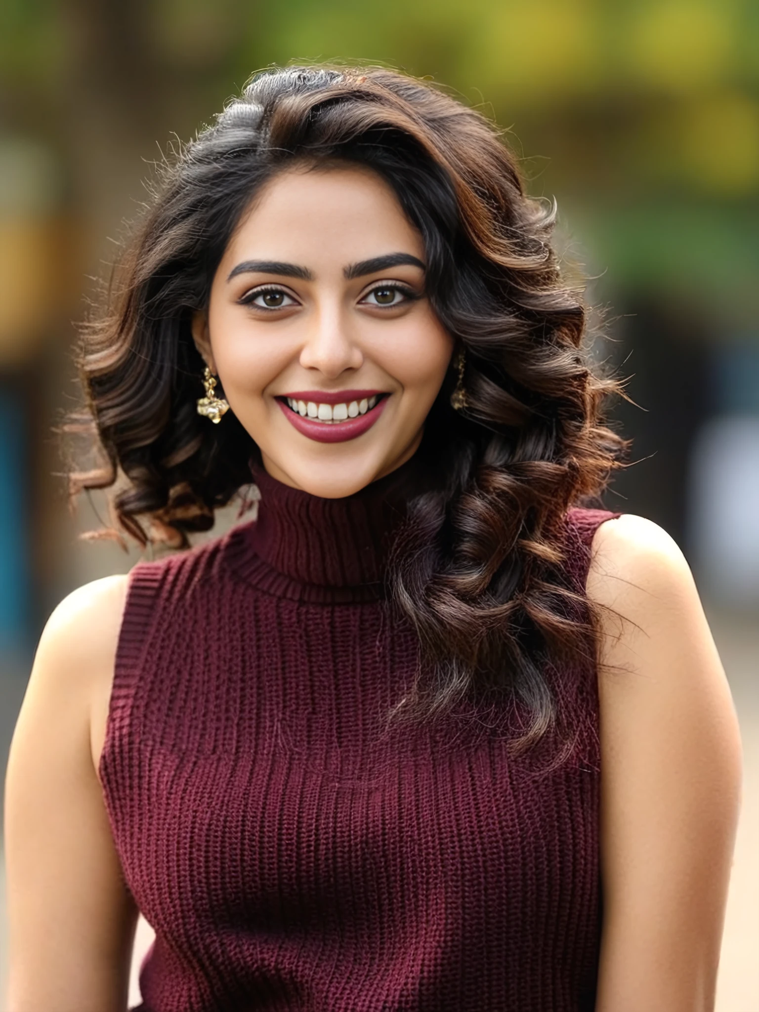 portrait photo of Aishwarya Lekshmi woman, solo, curls hair cut, laughing, looking at the camera,  Maroon sleeveless turtleneck, , contrasting background bokeh,   <lora:Aishwarya_Lekshmi_SDXL_LoRA_prodigy_local_xformers_HNE:1>