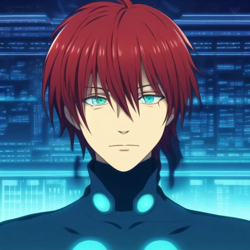 DMMd_Style, extremely detailed,
1boy, red hair, blue futuristic city background, perfecteyes eyes, green eyes