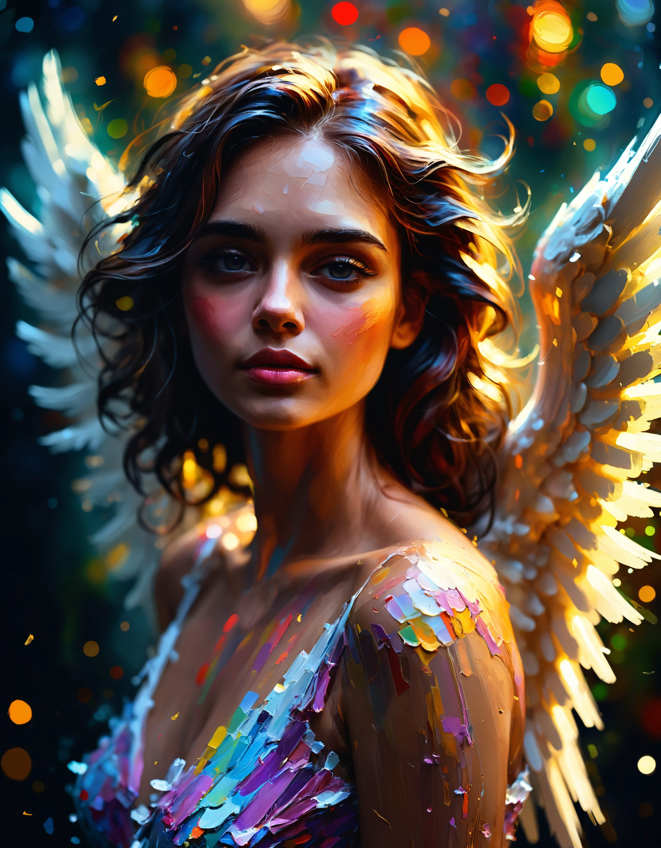 zavy-rghpnt, "Beautiful, beautiful, beautiful, beautiful angel.", Feminine, Bokeh, Zoom lens, Impasto, absurdres, woman, attractive, confident, advanced cinematic perfect light, detailed, magical, polished, rich deep colors, contemporary fine detail, colorful