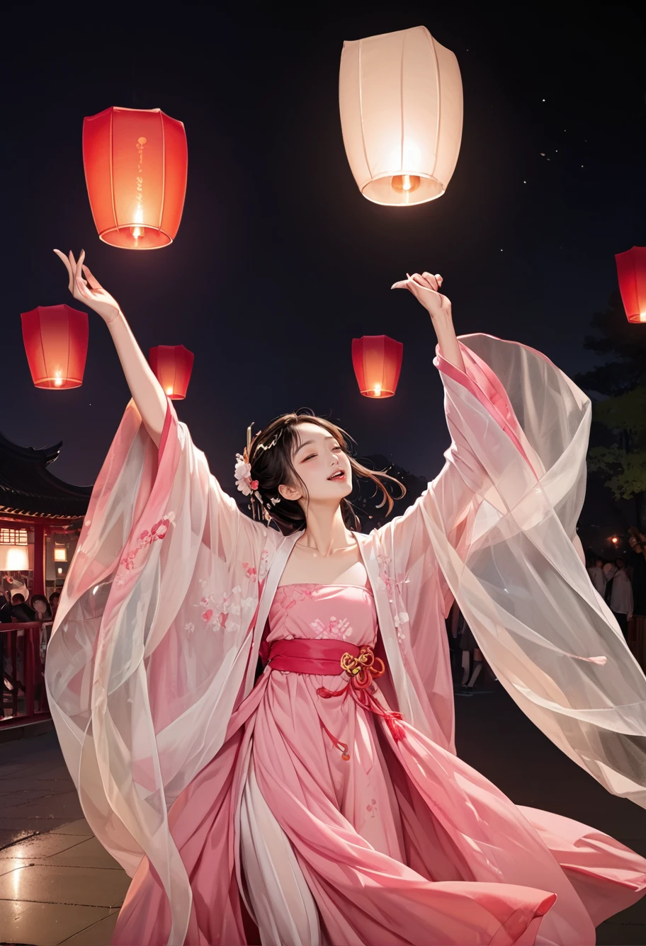 ,ruanyi0799,lantern,glowing,night sky,no humans,,ruanyi0758,hanfu,pink dress,see-through,shawl,wide sleeves,jewelry,dancing,<lora:0799 Kongming lantern_v1_pony:1>,<lora:0758 Peach Blossom Hanfu_v1_pony:0.7>, score_9,score_8_up,score_7_up,,8k,1girl,solo,,