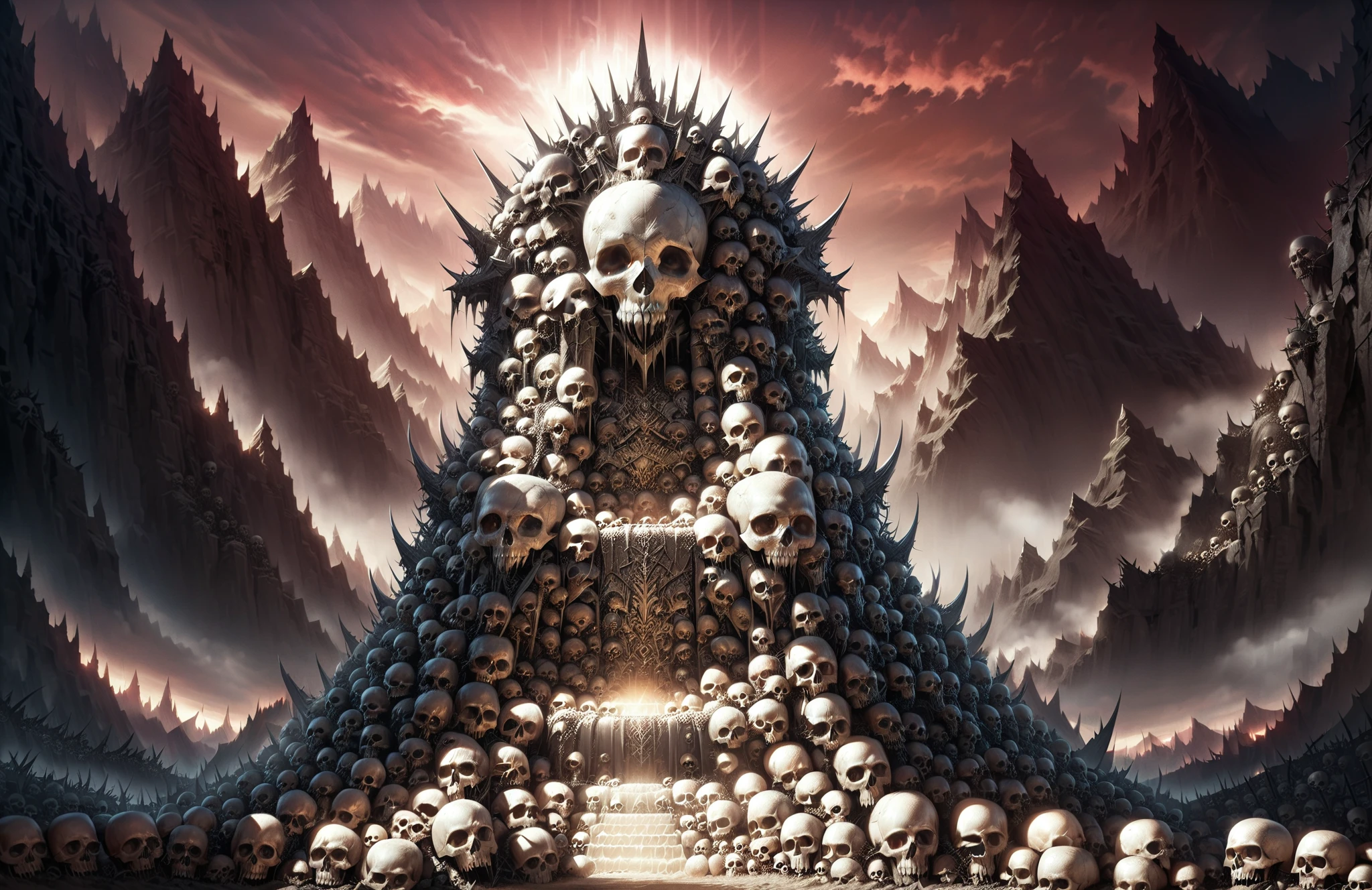 <lora:Skulls for the Skull Throne:1>,Skulls for the Skull Throne,(There is a huge throne on a mountain made of countless skulls.:1.5),a dim sunset behind,spikes and thorns,mountain top,wasteland,(long shot:1,wide shot:1),RAW photo,best quality,(realistic, photo-realistic:1.3),masterpiece,extremely detailed,an eerie atmosphere,<lora:add-detail-xl:1>,<lora:great_lighting:0.6>,