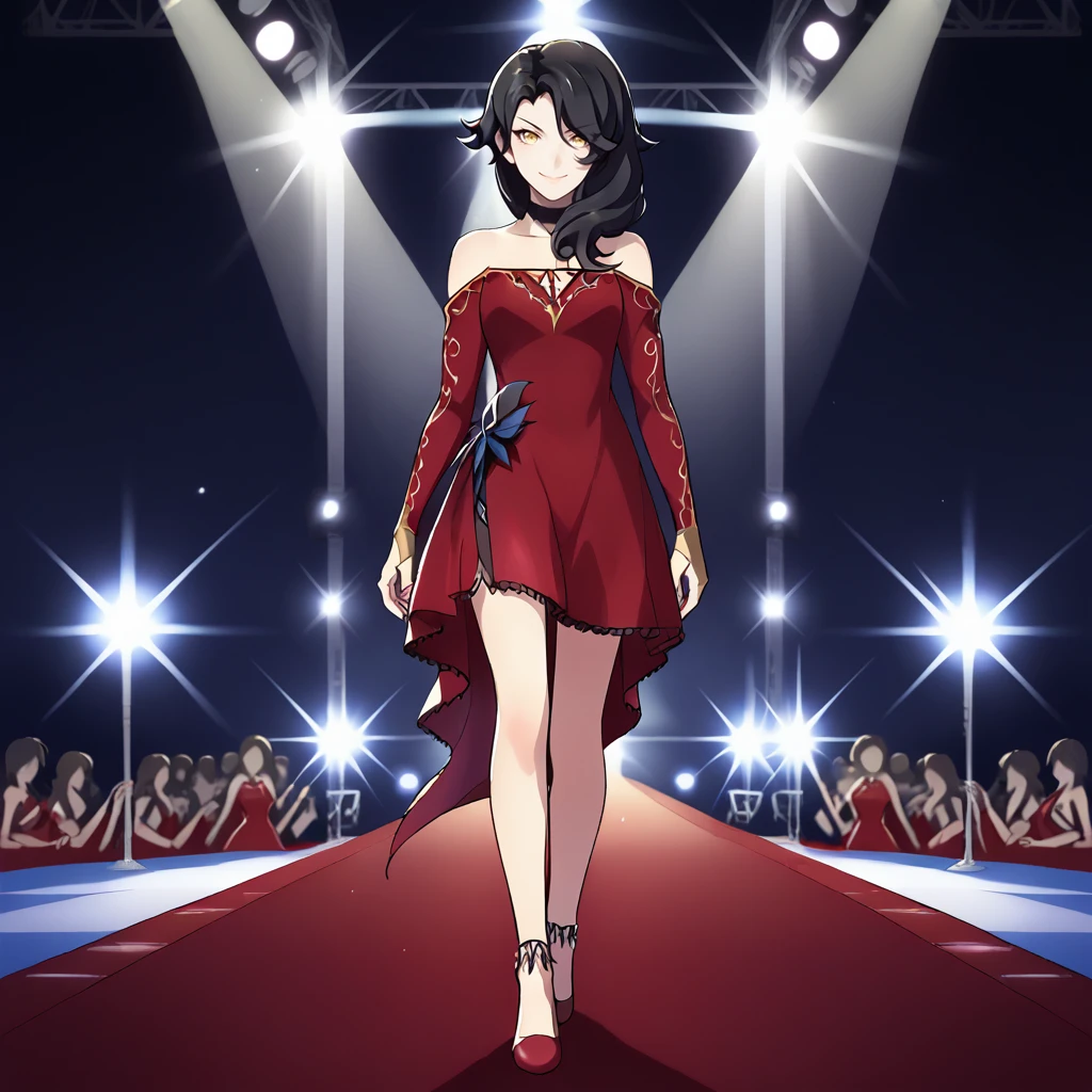 score_9, score_8_up, score_7_up, score_6_up, score_5_up, score_4_up, zPDXL2,source_anime,rating_questionable, 1girl, solo,cowboy shot, looking at viewer, red carpet, luxury, smile, <lora:Catwalk_Runway:0.8> c4twalk, runway, stage, catwalk, stage lights,audience,  <lora:Cinder_Fall_-_RWBY:0.8> CinderFall_RWBY, long black hair, short red dress, bare shoulders, yellow eyes, high heels, bare shoulders, choker