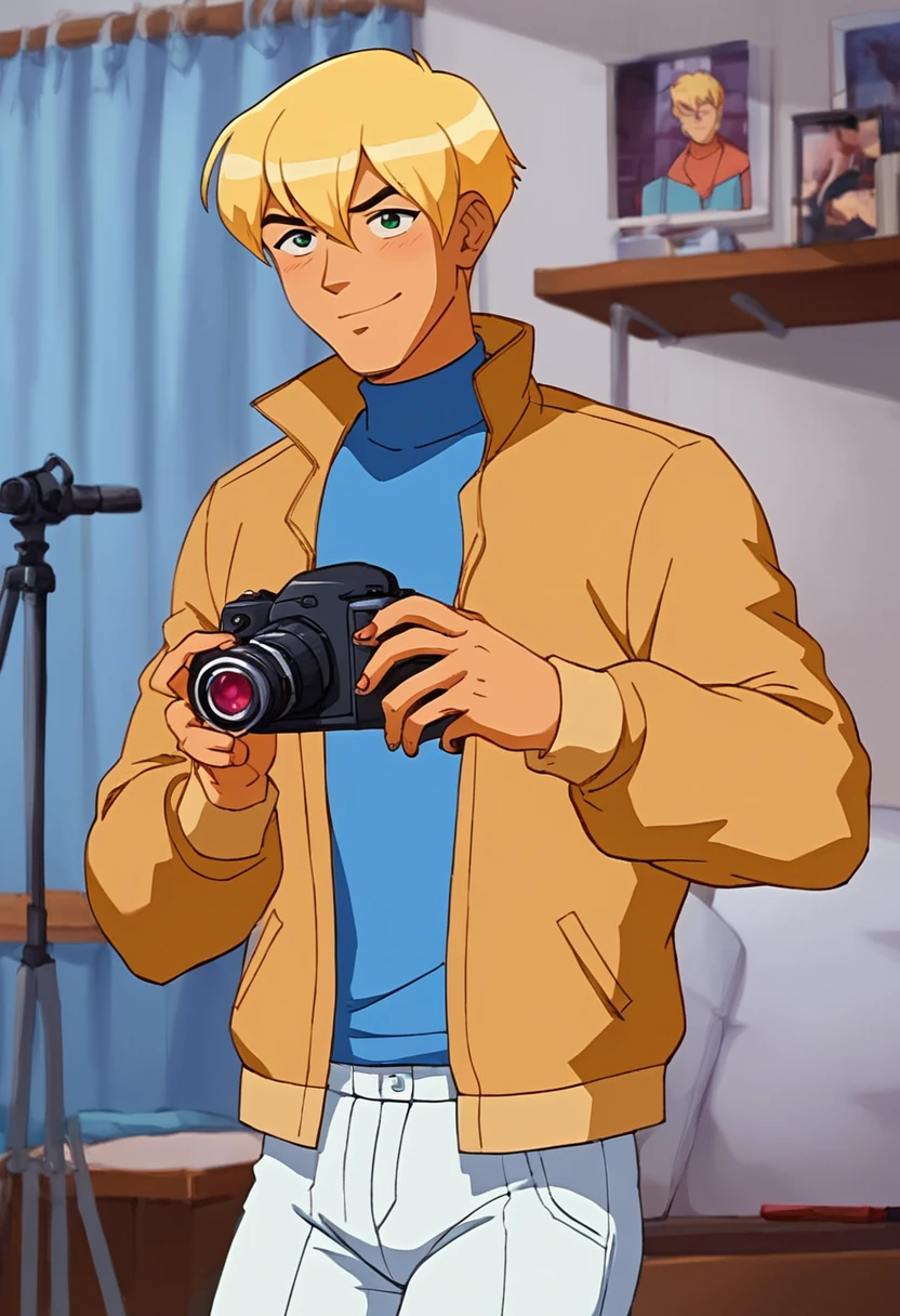 embedding:Pony\Positive\zPDXL2, score_9, score_8_up, score_7_up, kylekatz_ts!, 1boy, male focus, blonde hair, green eyes, light tanned skin, blue turtleneck, tan jacket, white trousers, camera, determine smile, look at viewer