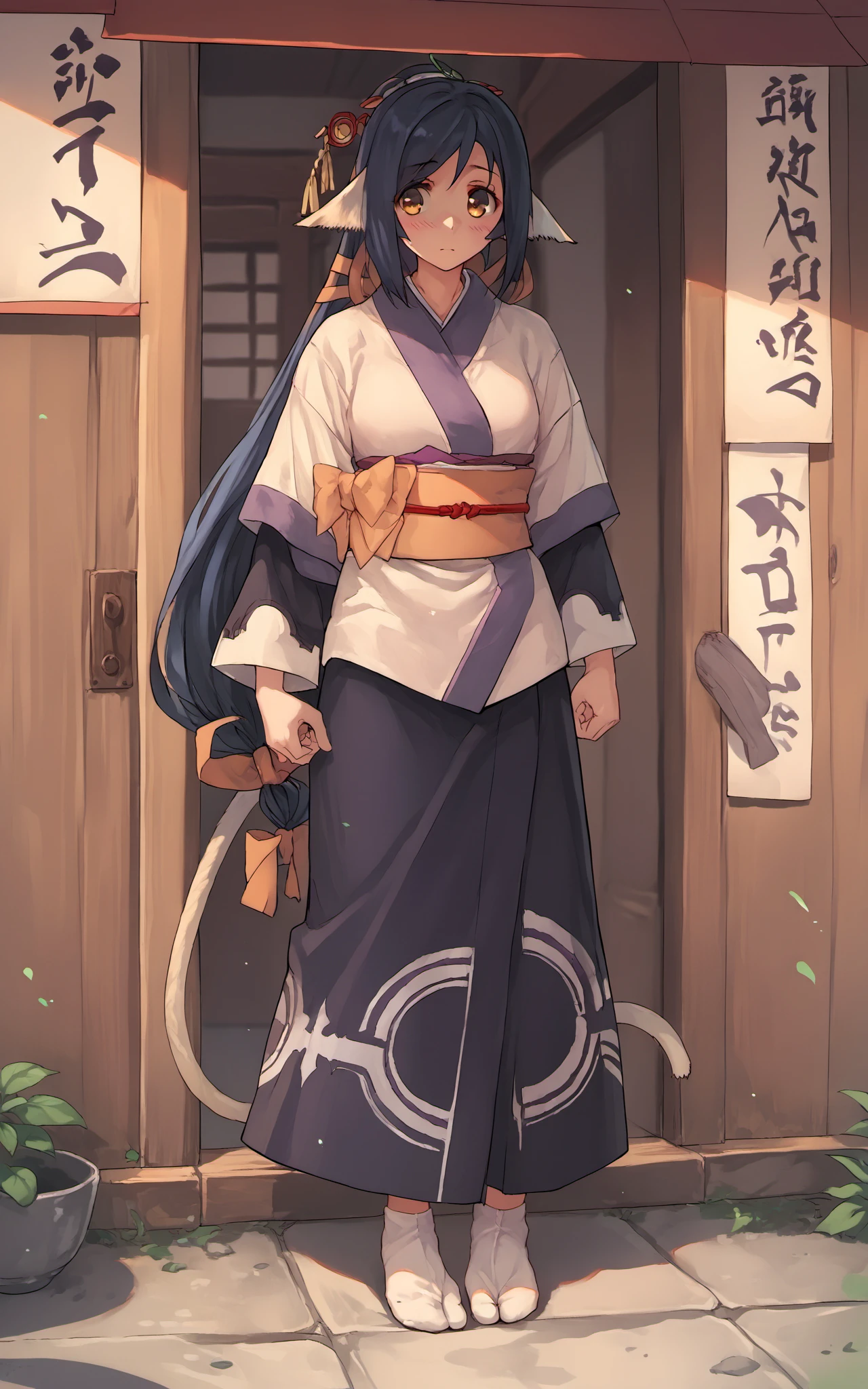 score_9,score_8_up,score_7_up,score_6_up,score_5_up,score_4_up,source_anime,1girl,<lora:kuon_pony:0.8>,kuon \(utawarerumono\),japanese clothes,kimono,long hair,tail,sash,low-tied long hair,<lora:tabi_pony-000015:0.6>,white socks,tabi,standing,shy