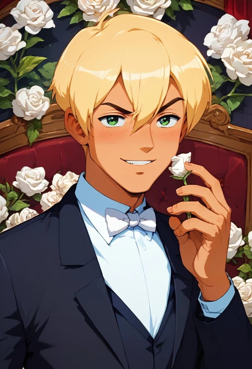 embedding:Pony\Positive\zPDXL2, score_9, score_8_up, score_7_up, kylekatz_ts!, 1boy, male focus, blonde hair, light tanned skin, green eyes, smirk, formal, bowtie, bow, offer a hand, suit, tuxedo, white rose