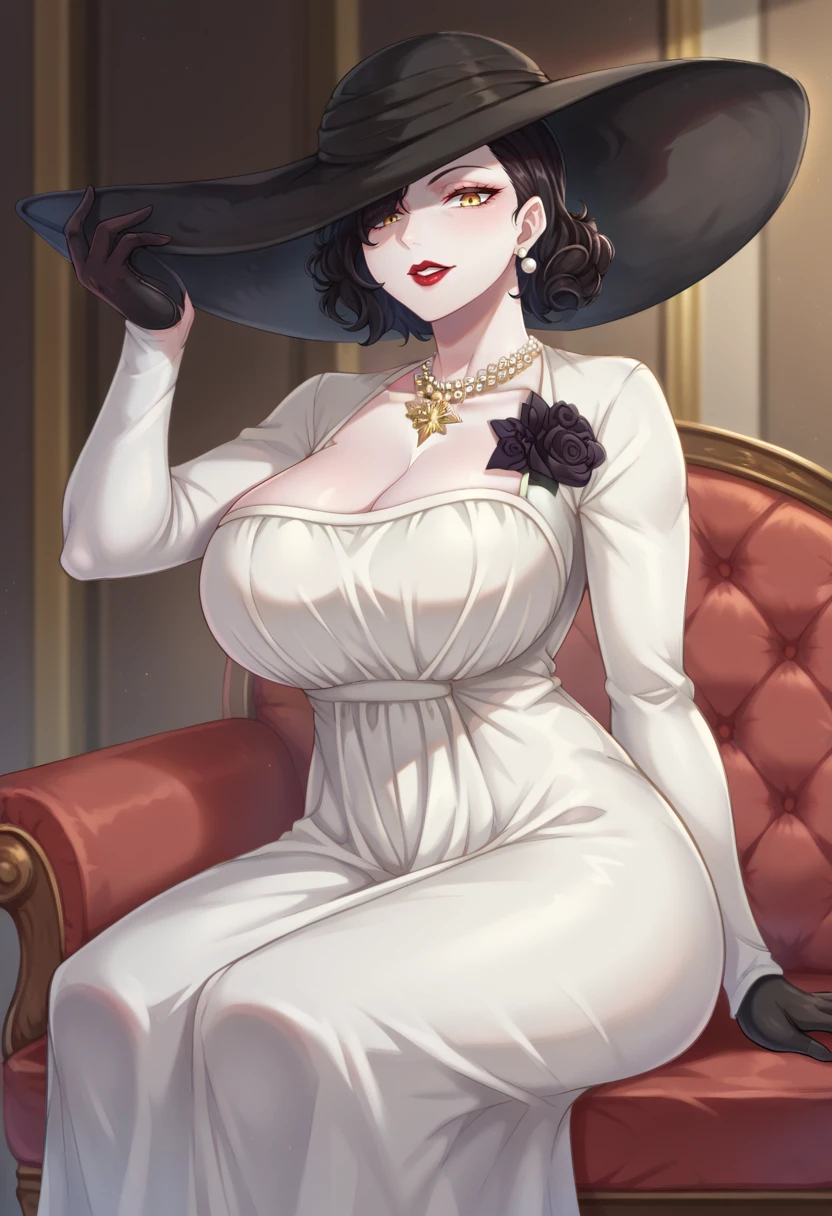 score_9,score_8_up,score_7_up BREAK <lora:Alcina:0.9>,AlcinadimitrescuSDXL,1girl,short hair,large breasts,black hair,gloves,hat,dress,jewelry,yellow eyes,flower,earrings,black gloves,necklace,white dress,makeup,lipstick,pale skin,sun hat,long dress,red lips,pearl necklace,black flower,black rose,tall female,hat over one eye,cowboy shot,room,room background,sitting,