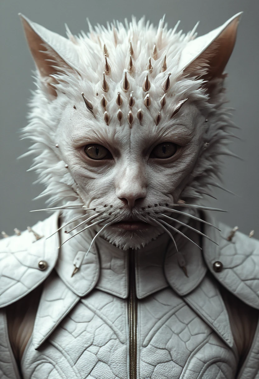 (a masterwork of fine surreal art:1.0), macro photography by Alessio Albi, (extreme details, beautiful skin delicate texture), (Yolandi Visser:1.4) (cat:1.8), short fur, armour