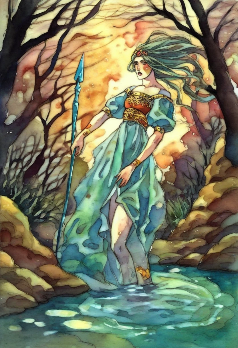 <lora:Rebbecca_Guay_Style:1.25> rebecca_style, fantasy art in watercolor, erotic, sensual, at a swamp, forest, water, lots of vegetation, score_9, score_8_up, score_7_up, score_6_up, score_5_up, score_4_up, hd, (ultra hd quality details), 8K, 2d illustration, intricate detail, extremely detailed, gloomy colors, dark aura, horror, lancer holding a spear, rating_explicit, demon