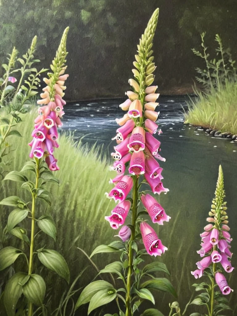 oil painting,  detailed, depth of field, of field of foxglove by ingrid-elias-style by the side of  a stream <lora:ingrid_elias_style:1>