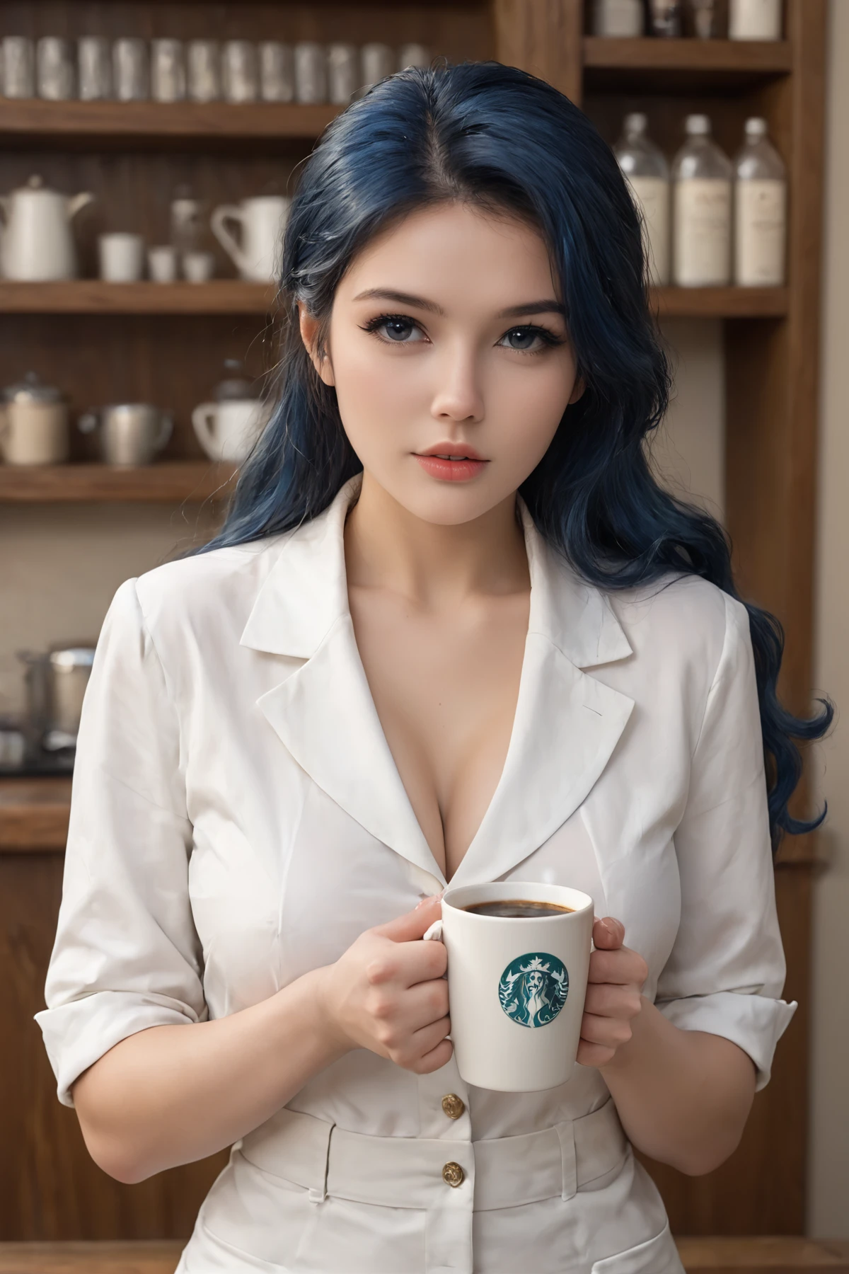 score_9, score_8_up, score_7_up, RAW photo, beauty girl, beauty korean girl, blue hair, very long curly hair, large breasts, 
Envision a woman in a quiet corner of a retro cafe, sipping coffee and engrossed in a book. The setting exudes a vintage charm with classic decor and warm lighting, providing a cozy escape. Style: Vintage-inspired digital artwork. Execution: Use digital tools to recreate the ambiance of a retro cafe, incorporating details that evoke a sense of nostalgia. face focus,
realistic, photorealistic, <lora:Belle10:0.6>,