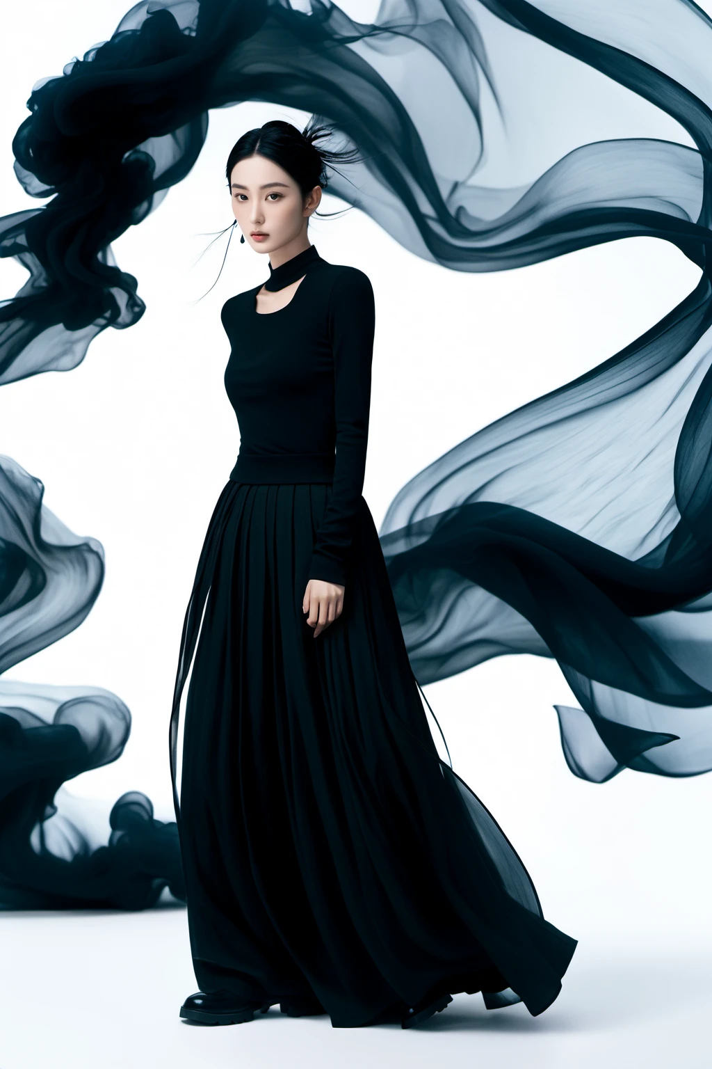 realistic,reality,moying,1girl,solo,looking at viewer,skirt,black hair,hair ornament,long sleeves,white background,dress,standing,full body,black skirt,black shirt,black footwear,black dress,long skirt,((black fabric smoke)), <lora:JAY - MOYING -  MAÌ£ÌC ANH XL:0.8>, (best quality:1.3)