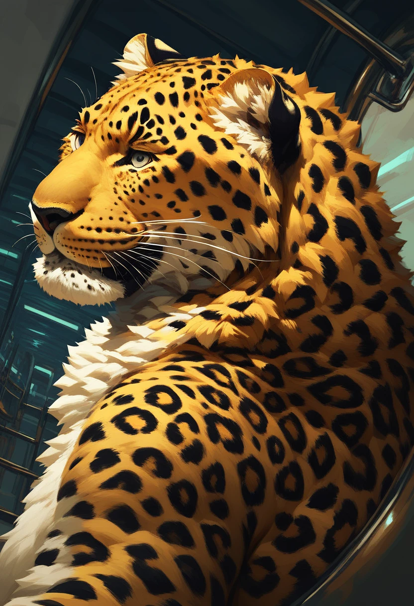 (score_9, score_8_up, score_7_up:1.3), feral, (leopard:1.3), amurleopard, furry, quadruple, kemono, solo, (smile:1.2), from behind, close-up, big atrium, ceiling, spiral staircase, escalator, indoors, silver eyes, black nose, bright-yellow fur, detailed background, intricate detail, 8k, best quality, masterpiece, amazing quality, best aesthetic, absurdres, <lora:amurleopard_pony_3.5-000013:1.1>