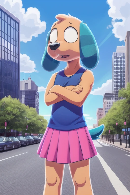 1boy, furry male, male focus, solo, standing, floppy ears, tail, furry, constricted pupils, wide-eyed, black eyes, surprised, !?, Deep-Blue Tee, aqua shirt, sleeveless, crossed arms, pink skirt, outdoors, city, high quality, best quality, outline, <lora:trg_biskit_v1:0.8>