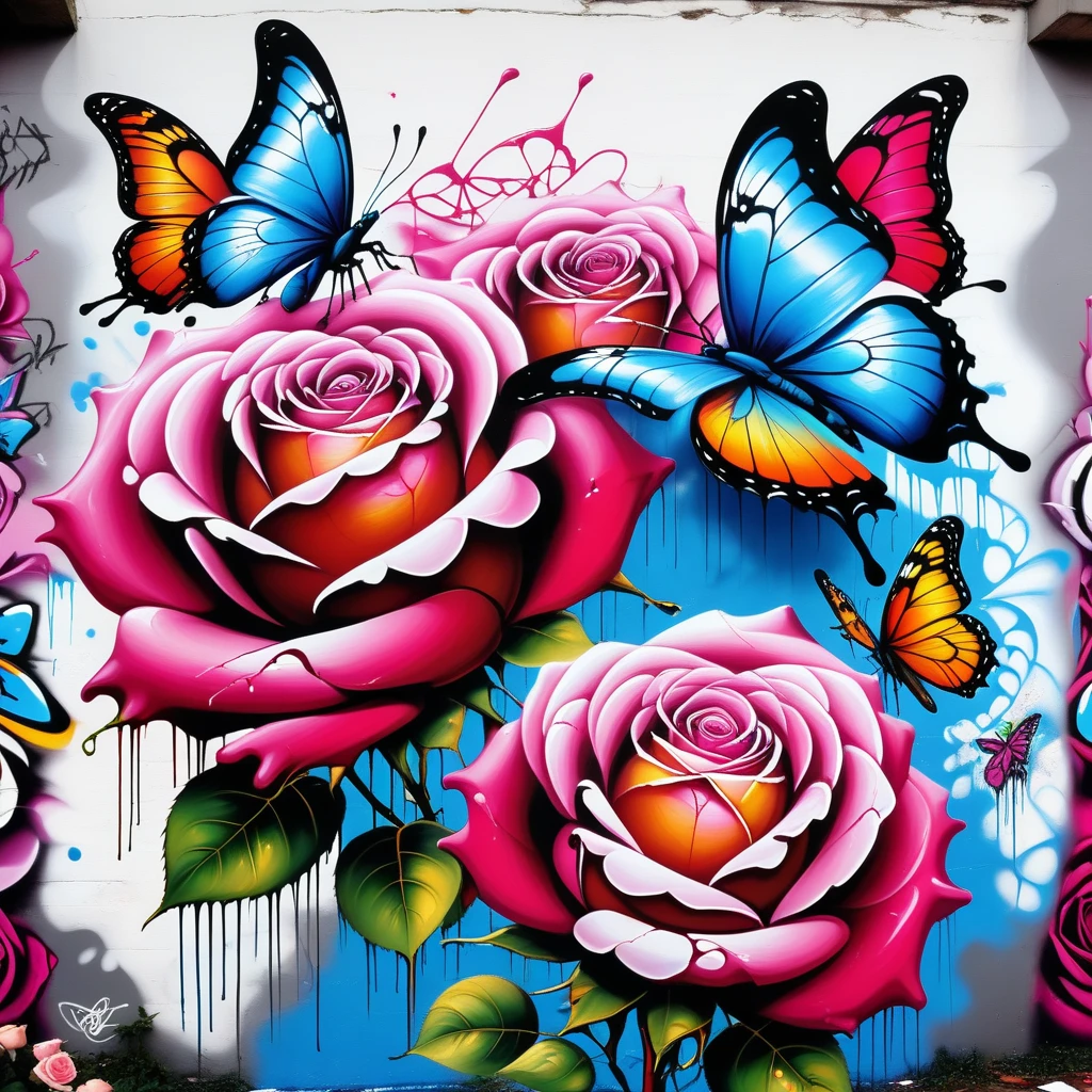 Roses, butterflys, mysthical,  Jed-Gr4ff1t1 ,<lora:GraffitiStyle-000003:1> ,