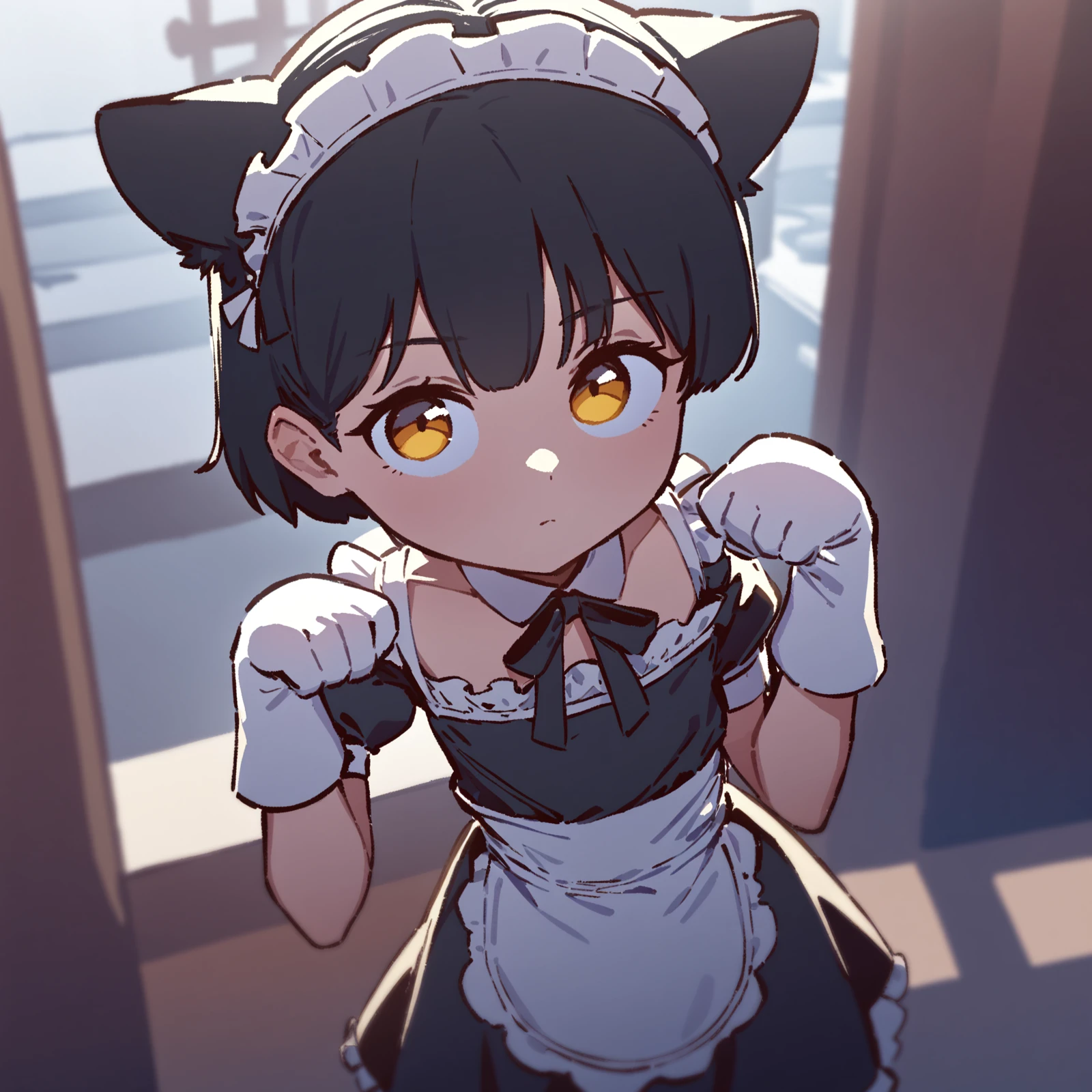 1girl, black hair, short hair, flat chest, small breasts, standing, looking at viewer, maid outfit, cat ears, golden eyes, expressionless, white gloves, cat pose, solo focus, subject closeup, high quality, masterpiece