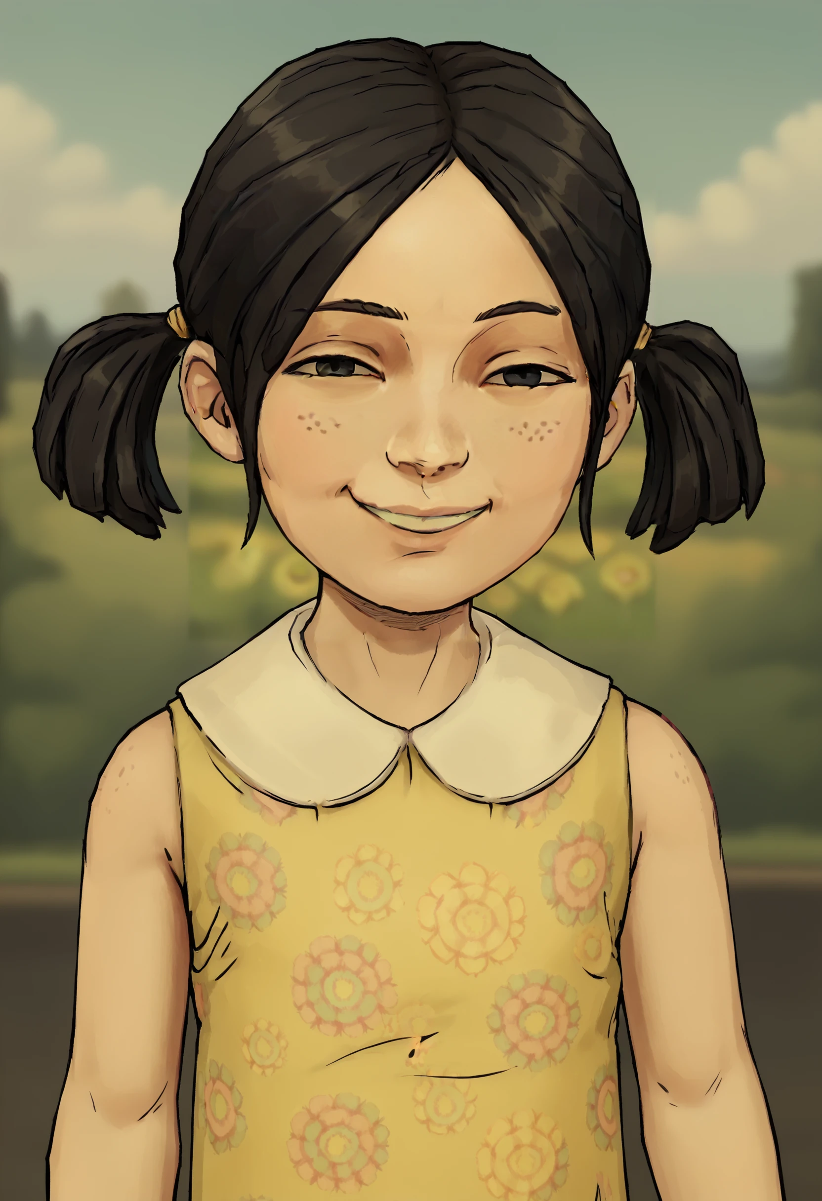 score_9, score_8_up, score_7_up, score_6_up, score_5_up, score_4_up, 1girl, <lora:RachelTWAU:0.8> solo, skinny, black hair, twintails, short twintails, freckles, dress, sleeveless, yellow dress, sleeveless dress, floral print, upper body, standing, looking at viewer, eyes half closed, smirk,
<lora:xl_anya's_heh_face(pony)3:0.6> Comical face, smile, black eyes
(garden background), sky, clouds, outdoors,