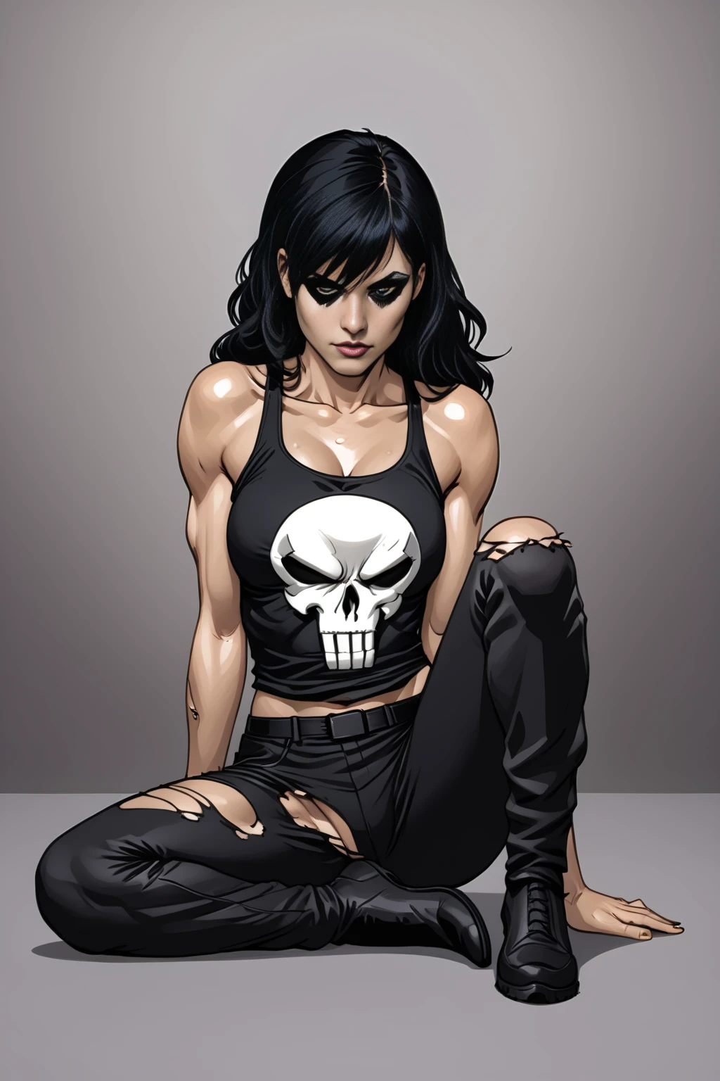 score_9,<lora:ArtgermPony:1>,<lora:Punisher_PDXL_spamb0t:0.6>,Marvel_Punisher as a female,1girl
BREAK long black hair,black tanktop,black military pants
BREAK black shirt with white skull on shirt
BREAK ripped outfit,torn clothes,very sweaty,sweaty clothes
BREAK sexy pose,sitting on floor, one leg bent, leaning on elbow