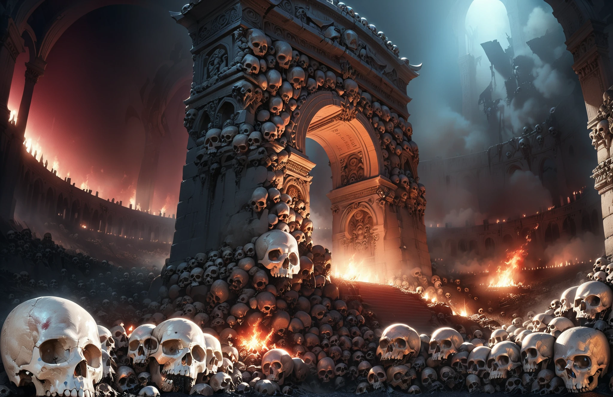 <lora:Skulls for the Skull Throne:1>,Skulls for the Skull Throne,(small size skulls),(A triumphal arch all made from skulls:1.5),stairs,on wasteland burning everywhere,black and red background with blood and fire,(the night is lit by fires:0.6),dark night:1,dark backgroung,low angle shot,wide shot,RAW photo,best quality,(realistic, photo-realistic:1.3),masterpiece,extremely detailed,an eerie atmosphere,<lora:add-detail-xl:1>,no humans,<lora:great_lighting:0.7>,