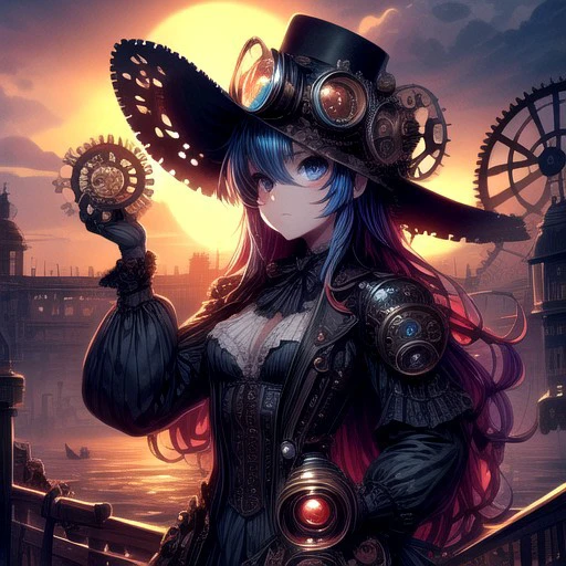 Cowboy shot photo, Cogs and gears, steam punk, Victorian fantasy,,colorful, vibrant, 1girl, long voluminous hair, beautiful blue eyes, goggles on forehead, curious expression, (riding in a sky ship:.7), smog covered sun, rising steam effects, masterpiece, best quality, ultra detailed, absurdres, 8k uhd, warm soft lighting