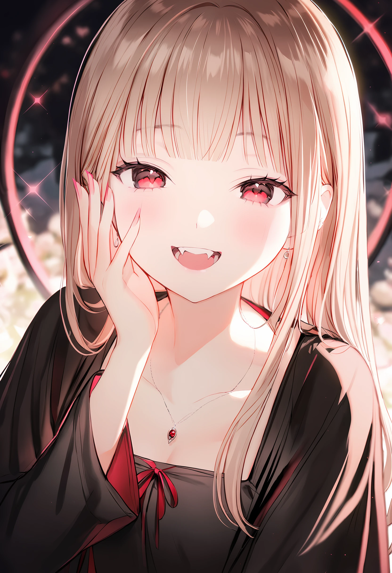 1girl, solo, light brown hair, long hair, sidelocks, :d, red eyes, half-closed eyes, earrings, necklace, looking at viewer, closed mouth, pink nails, black clothes, medium breasts, nail polish, long fingernails, blunt bangs, hand on own face, blush, pendant, vampire, rim light, depth of field, blurry, sparkle_background