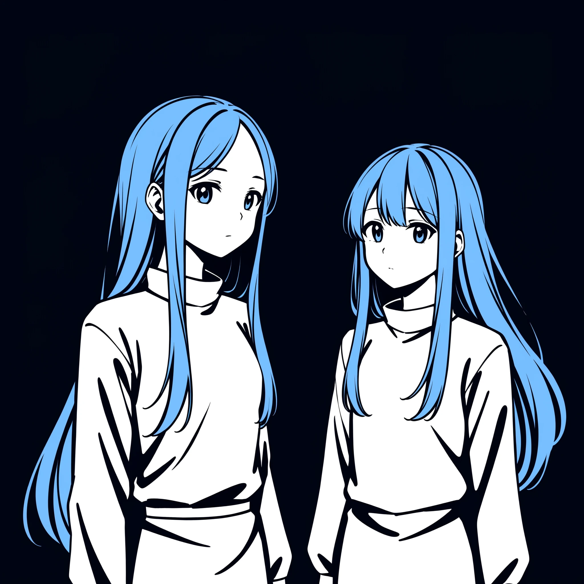 <lora:stencil_SDXL:0.5>, 2girls, black background, (monochrome:0.5), (flat color:0.1), blue hair, long hair, long sleeves,