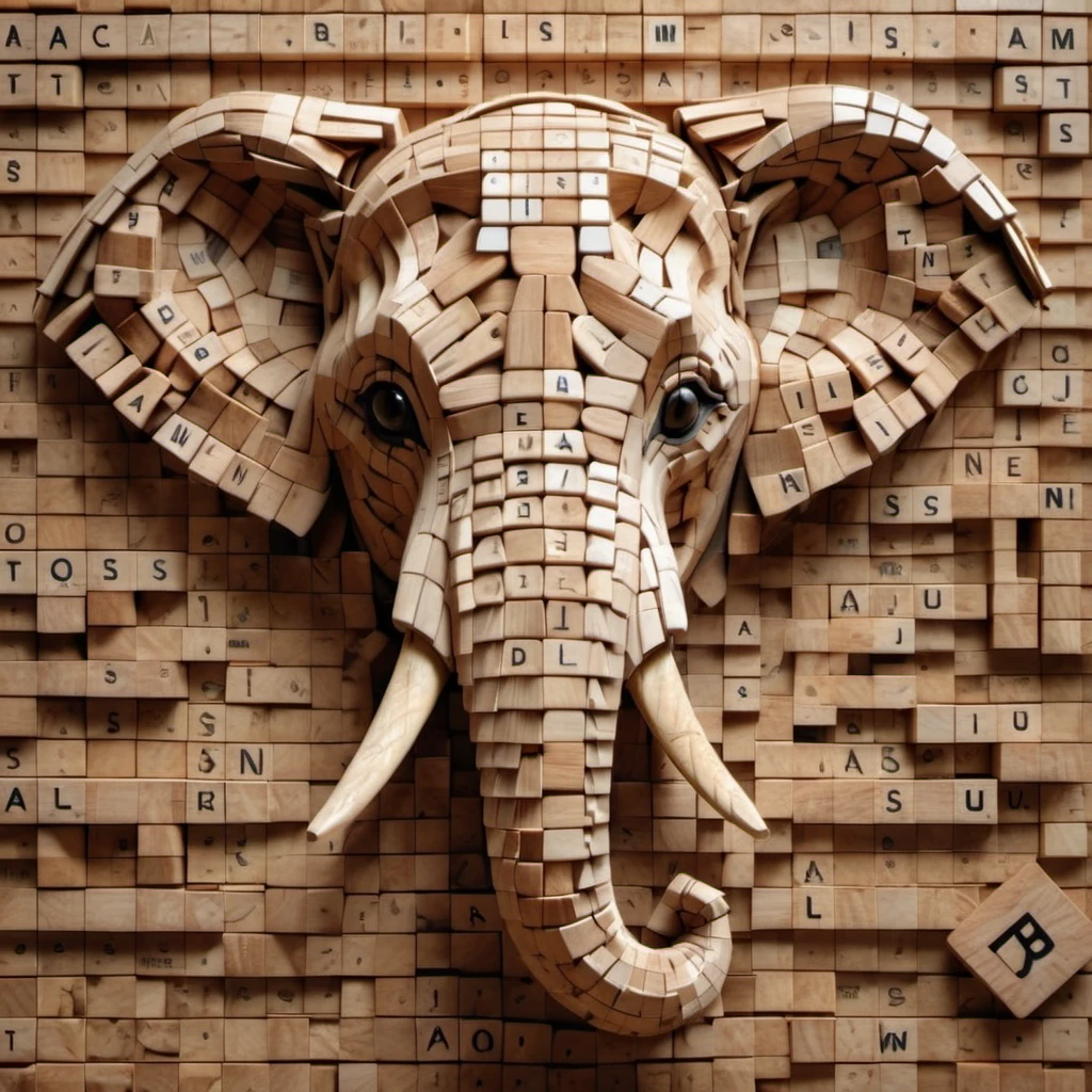 close up of Elephant made out of scrabblestyle    , <lora:scrabblestyleXL_LoRA:1>