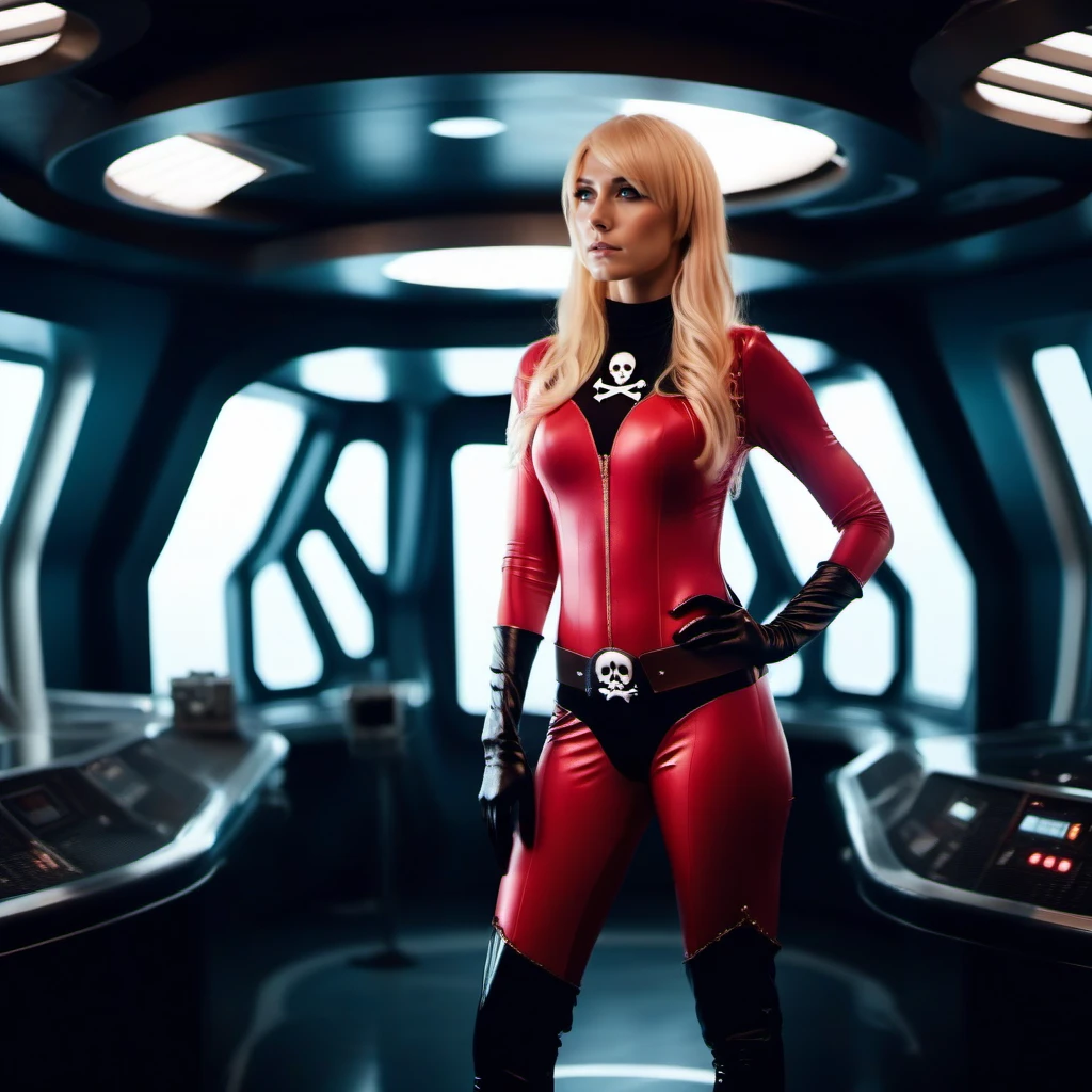 cinematic photo a full body portrait blond skinny woman, breast, unzipped,  wears a red bodysuit, long hair, gloves, big belt, skull and crossbones, in a spaceship<lora:KeiYuki1024:0.8> . 35mm photograph, film, bokeh, professional, 4k, highly detailed