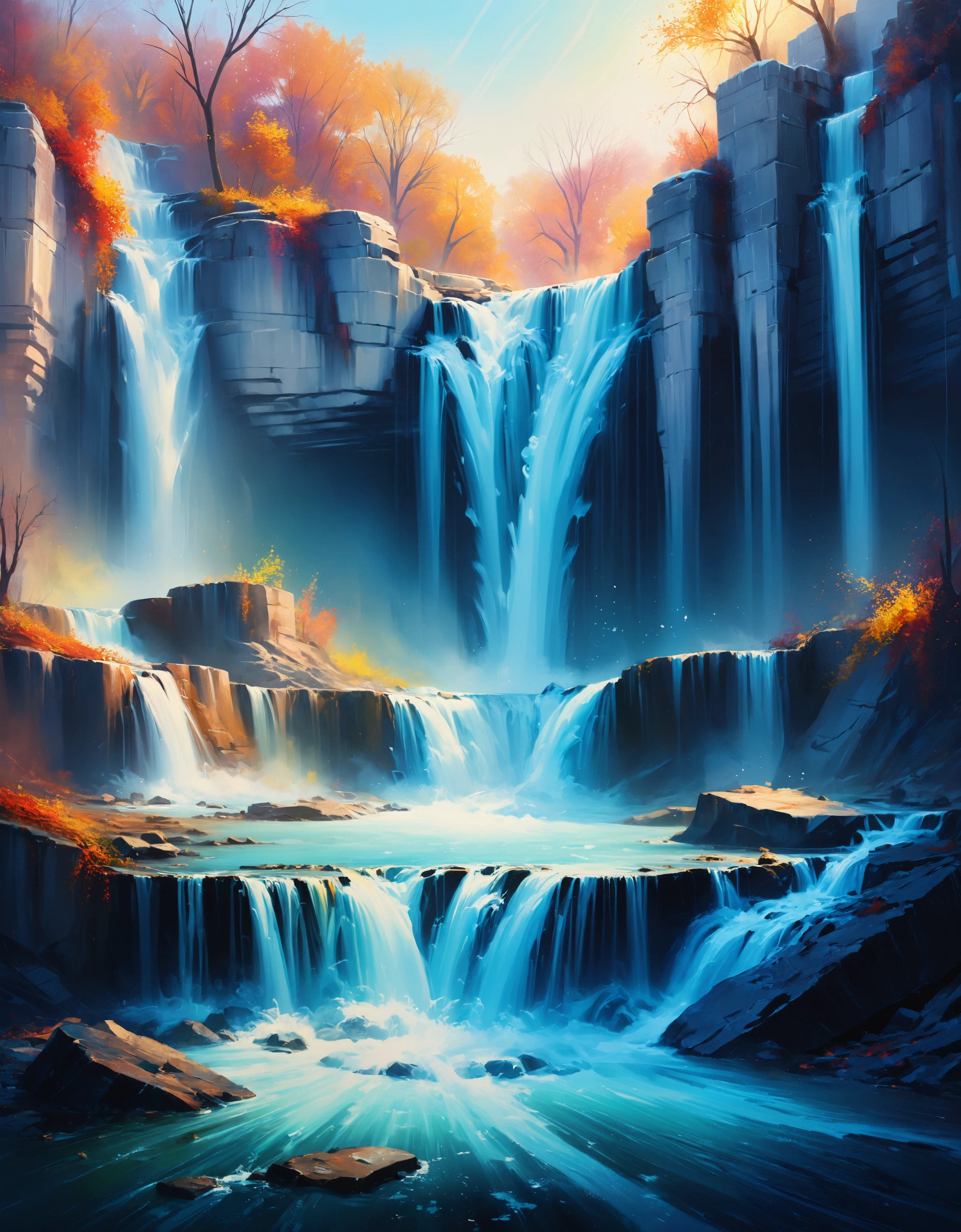 zavy-rghpnt, landscape of a Realistic Shimmering Falls from inside of a Belgrade, Joyful, Sots Art, Cold Colors, cinematic light, dynamic background, artistic, stunning detail, vivid colors, dynamic dramatic atmosphere, striking, advanced cinematic perfect light, cute, highly intricate, elegant