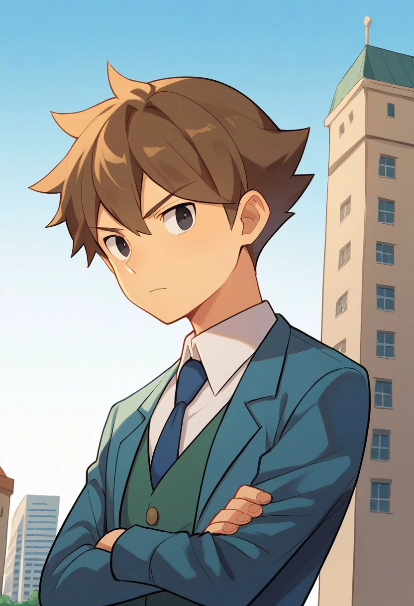 score_9, score_8_up, score_7_up, source_anime, highly detailed,
clive, solo, 1boy, male focus, brown hair, upper body, necktie, crossed arms, standing,
black eyes, blue necktie, jacket, blue jacket,  vest, green vest,
outdoor, sky, building