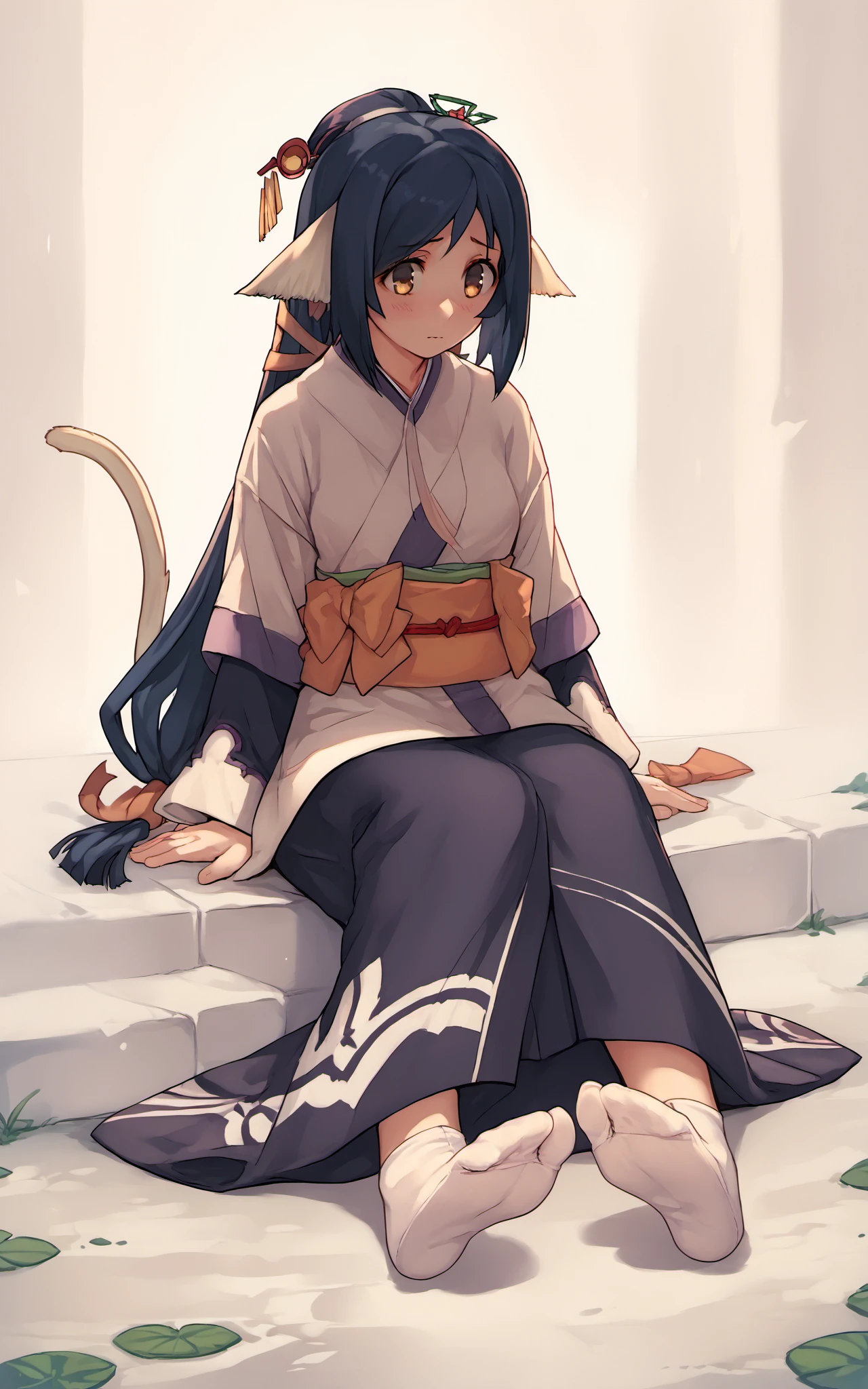 score_9,score_8_up,score_7_up,score_6_up,score_5_up,score_4_up,source_anime,1girl,<lora:kuon_pony:0.8>,kuon \(utawarerumono\),japanese clothes,kimono,long hair,tail,sash,low-tied long hair,<lora:tabi_pony-000015:0.6>,white socks,tabi,sitting,shy,soles,