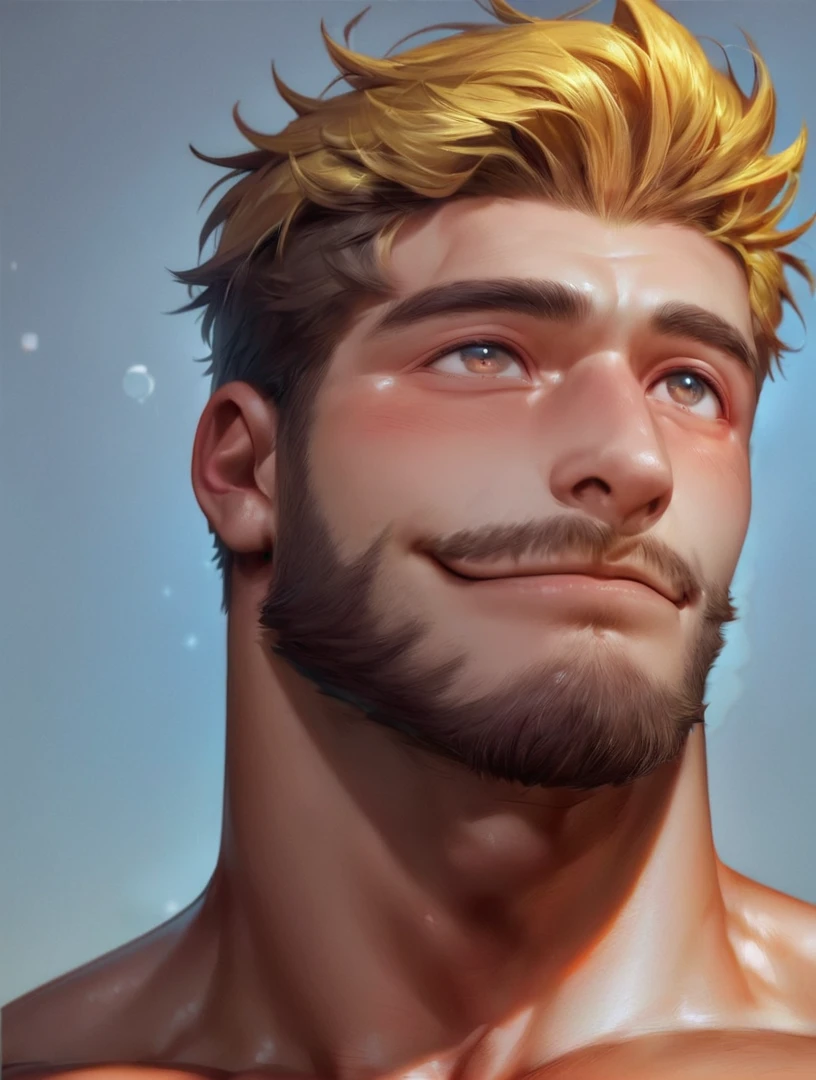 1 male,Male Focus,score_9,score_8_up,source_realistic,<lora:maleface_v2-000006:0.8>,AAAMANAAA,close uo,look up,Portrait,exquisite face,Bara,Enjoyable expression,yellow hair tips,brown hair,smile,sexy,Facial hair,Short beard,