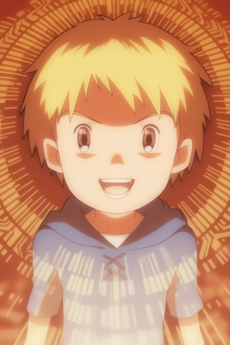 score_9, score_8_up, score_7_up, score_6_up, detailed, intricate details, highres, absurdres ,source_anime, cowboy shot, male focus, takato matsuki, brown hair, brown eyes, orange theme, matrix evolution, glowing, energy, solo, 1boy, male focus, smile, open mouth, :d,blue jacket, white shirt,, upperbody<lora:EMS-421330-EMS:1.000000>