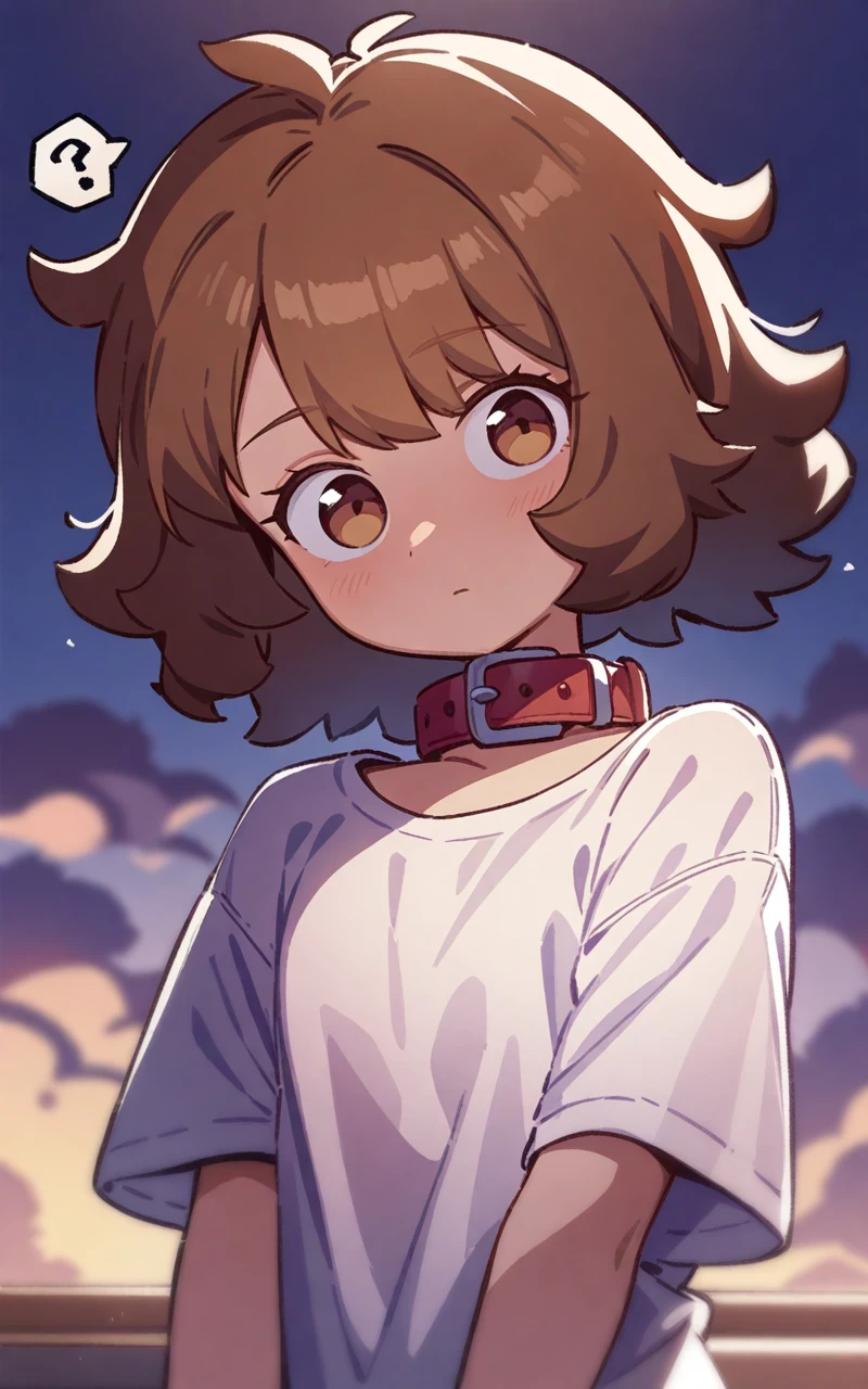 1girl, brown hair, short hair, messy hair, fluffy hair, looking at viewer, brown eyes, expressionless, head tilt, question mark, white shirt, short sleeves, collar, high quality, masterpiece, very aesthetic, recent