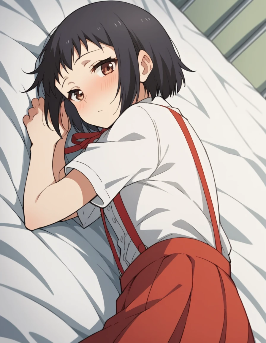 score_9, score_8_up, score_7_up, source_anime, <lora:hanako-hasegawa-ova-ponyxl-lora-nochekaiser:1>, hanako hasegawa, short hair, black hair, brown eyes,, skirt, shirt, ribbon, school uniform, white shirt, red ribbon, suspenders,, indoors, bed, bed room, on side, blush, drunk, looking at viewer, solo,, cowboy shot, dutch angle