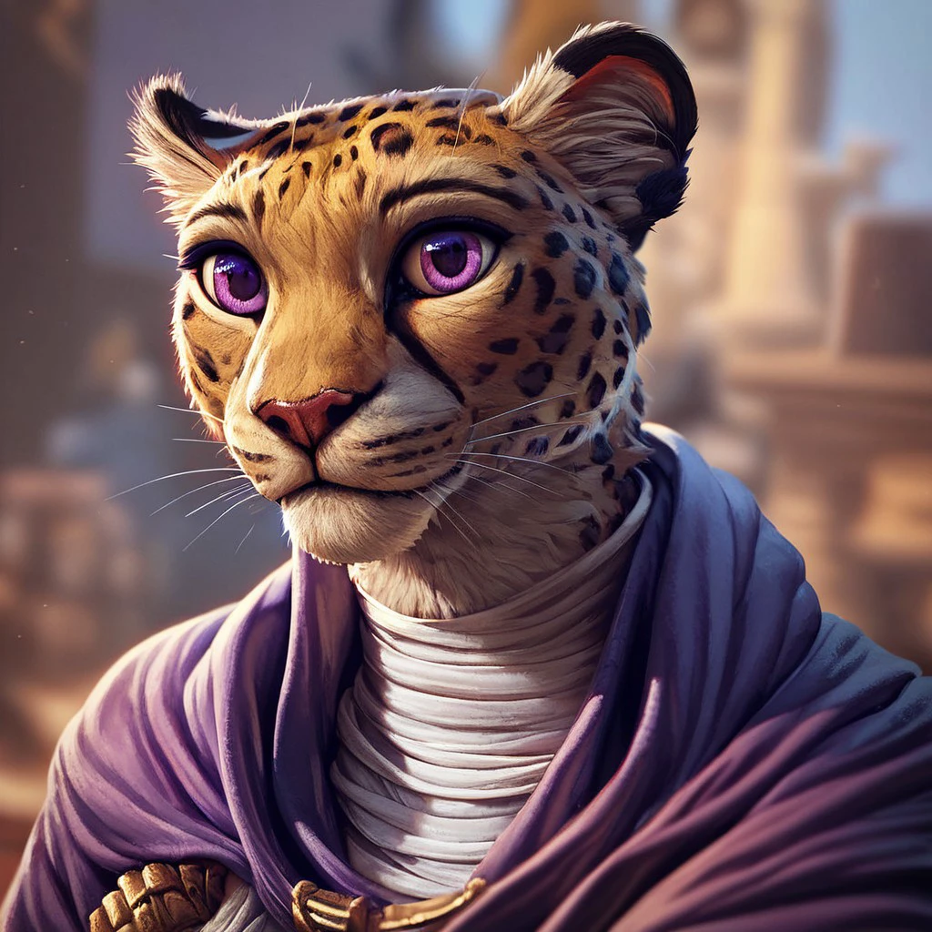 (((beautiful, detailed, high quality))), upper Body, score_9, score_8_up, score_7_up, 
tabaxi, tabaxi leopard, 
1male, purple eyes, purple cape, bandages,
looking at the viewer, posing, blurred background, blurred fantasy background,