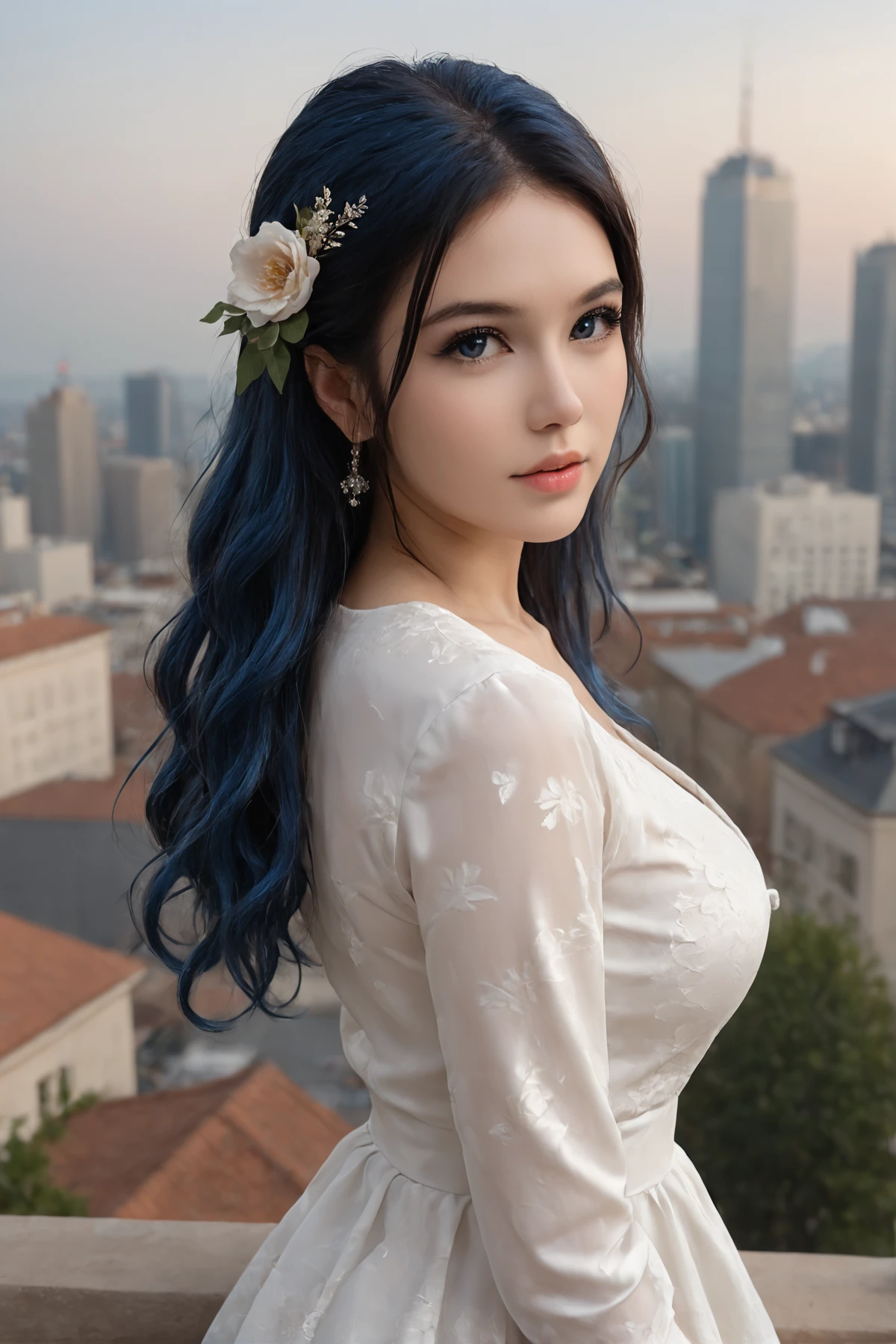 score_9, score_8_up, score_7_up, RAW photo, beauty girl, beauty korean girl, blue hair, very long curly hair, large breasts, 
Envision a woman on a rooftop garden overlooking a bustling cityscape at dusk. The city lights are beginning to twinkle, creating a magical atmosphere. The woman exudes sophistication and elegance in her attire, adding to the enchantment of the scene. Style: Contemporary digital art with a touch of surrealism. Execution: Use digital tools to blend realism with surreal elements, emphasizing the contrast between the urban environment and the rooftop oasis. floral print elegance dress, face focus,
realistic, photorealistic, <lora:Belle10:0.6>,