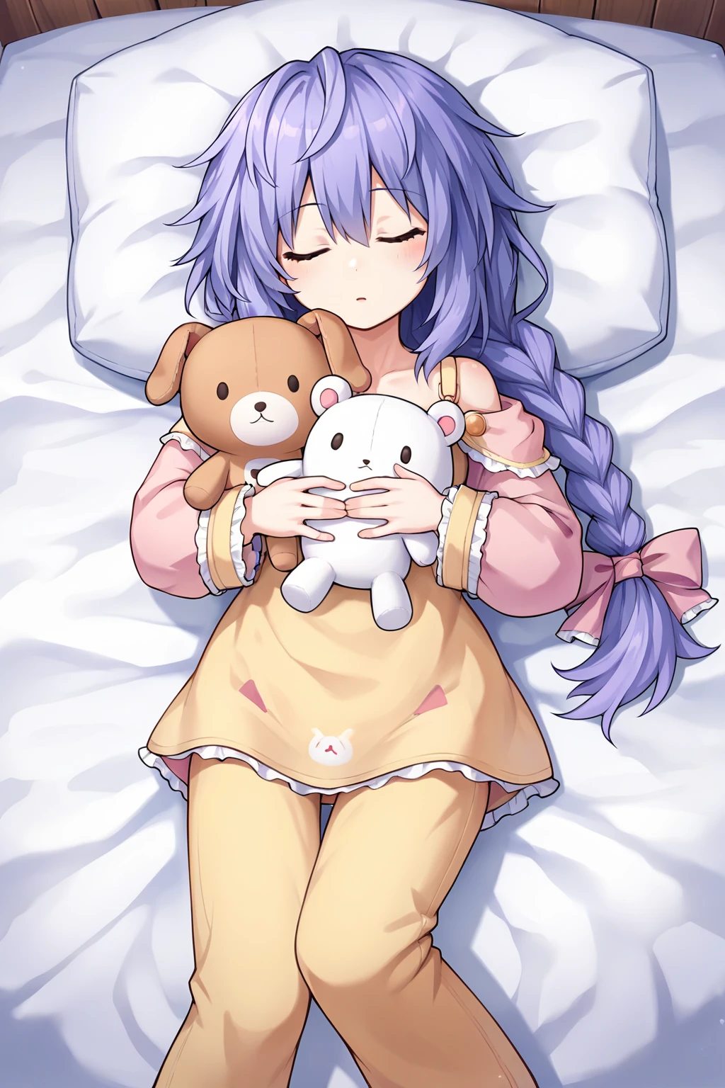 score_9, score_8_up, score_7_up, score_6_up, score_5_up, score_4_up, source_anime, rating_safe, 1girl, plutia, pajamas, lying, sleeping, pillows, stuffed toy, plushie